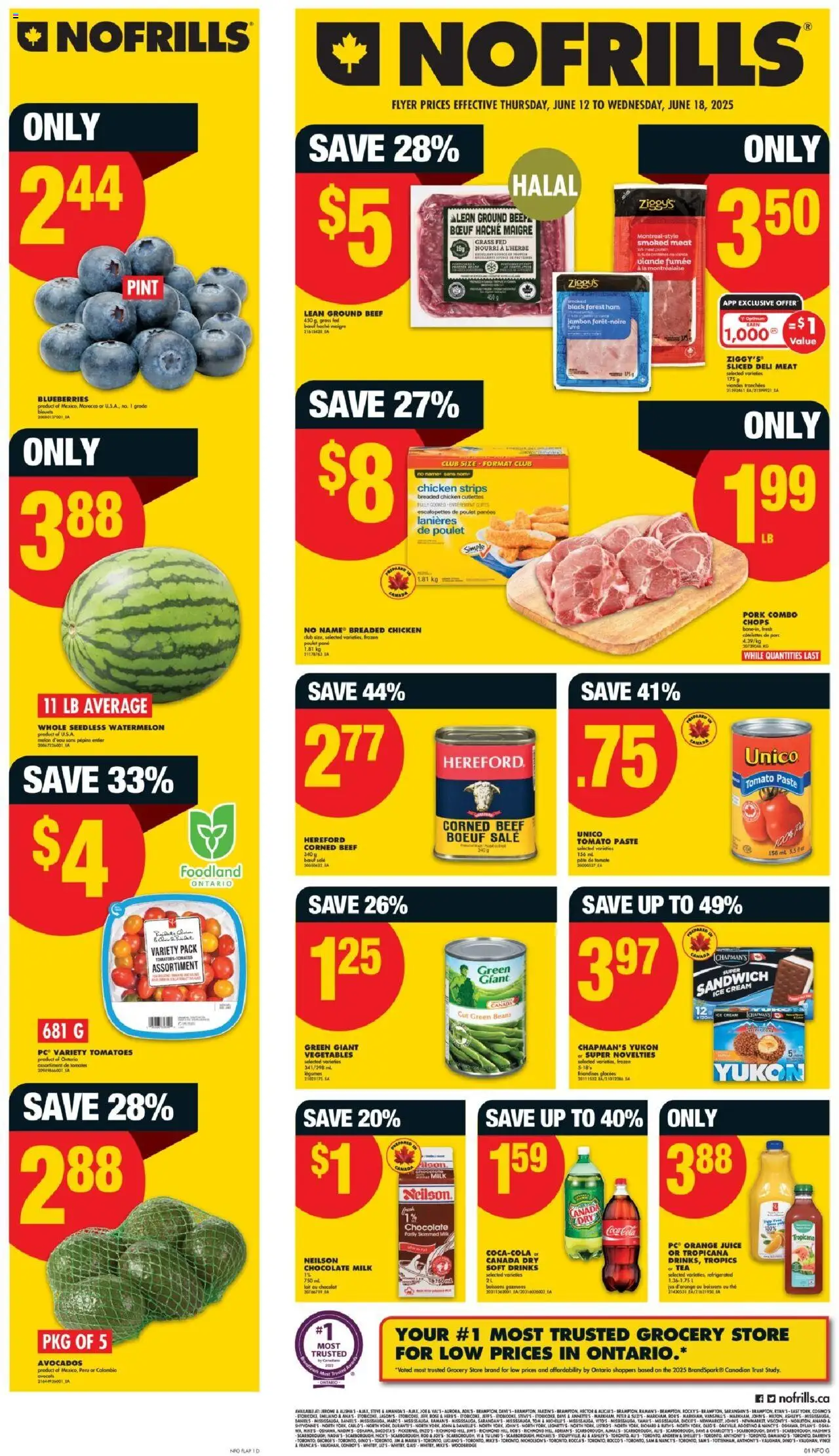 No Frills flyer valid from Jun 12, 2025 - page number 1 - Tea, Vegetables, Strips, Legumes, Chicken strips, Beans, Milk, Ham