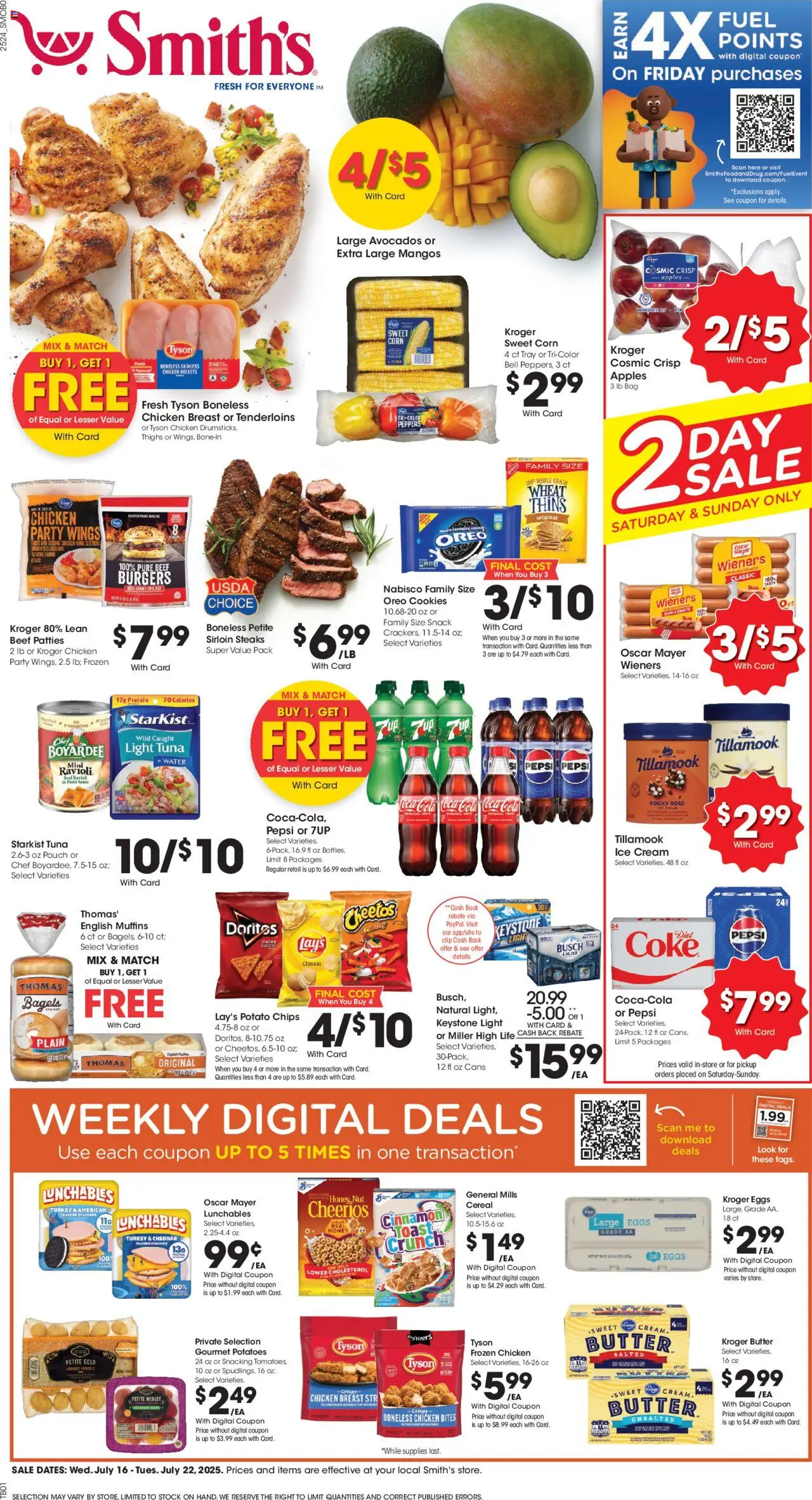 Smith's Weekly Ad - ID from 07/16/2025 - Flyer - Page number 1 - Turkey, Chicken, Chicken breasts, Cream, Cookies, Water, Tuna, Caro