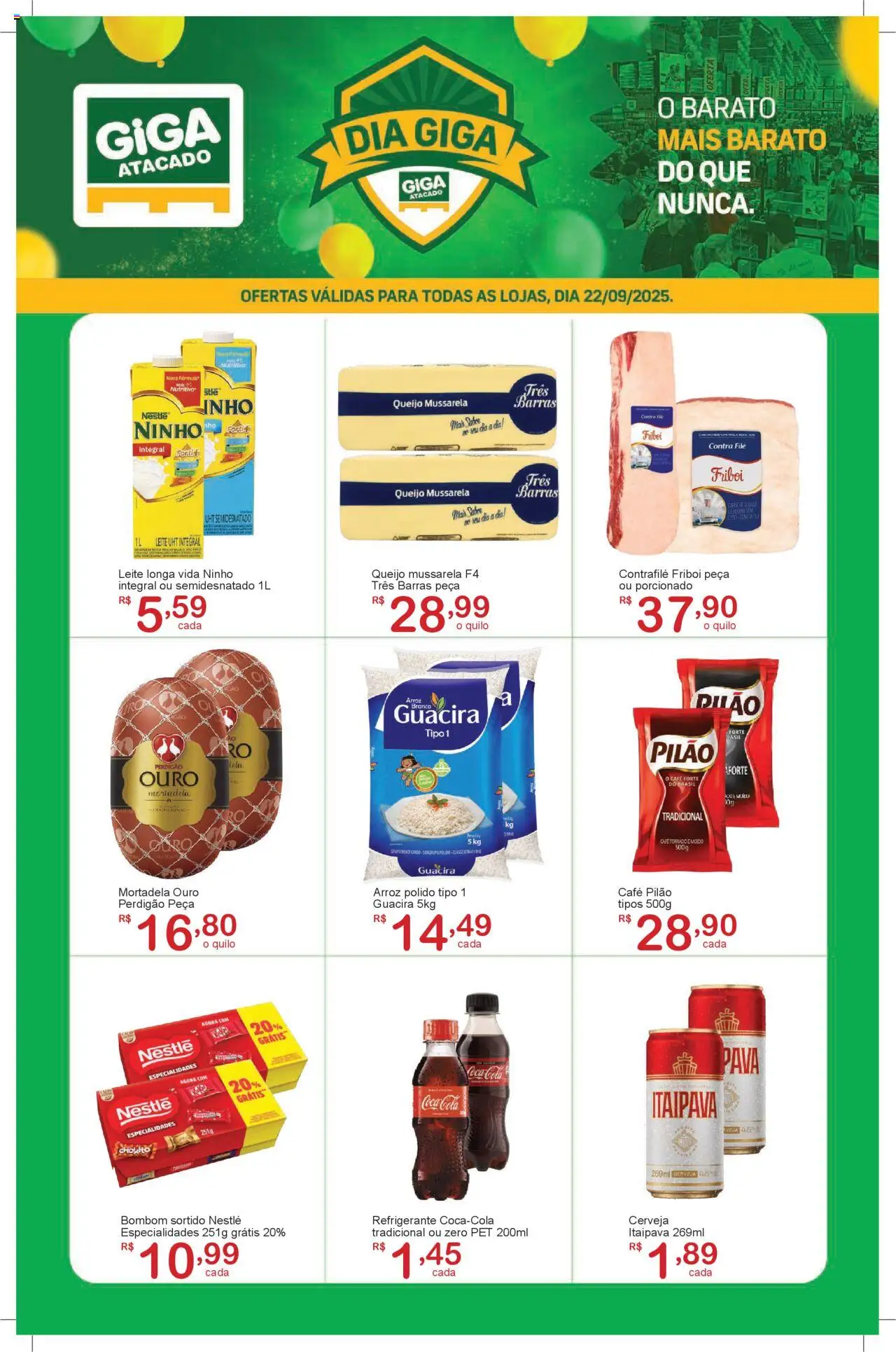 GIGA Atacado folheto "Ofertas Dia Giga" válido a partir de 22/09/2025 - número de página 1 - Café, Arroz, Leite, Refrigerante, Cola, Café pilão, Contra filé, Leite longa vida