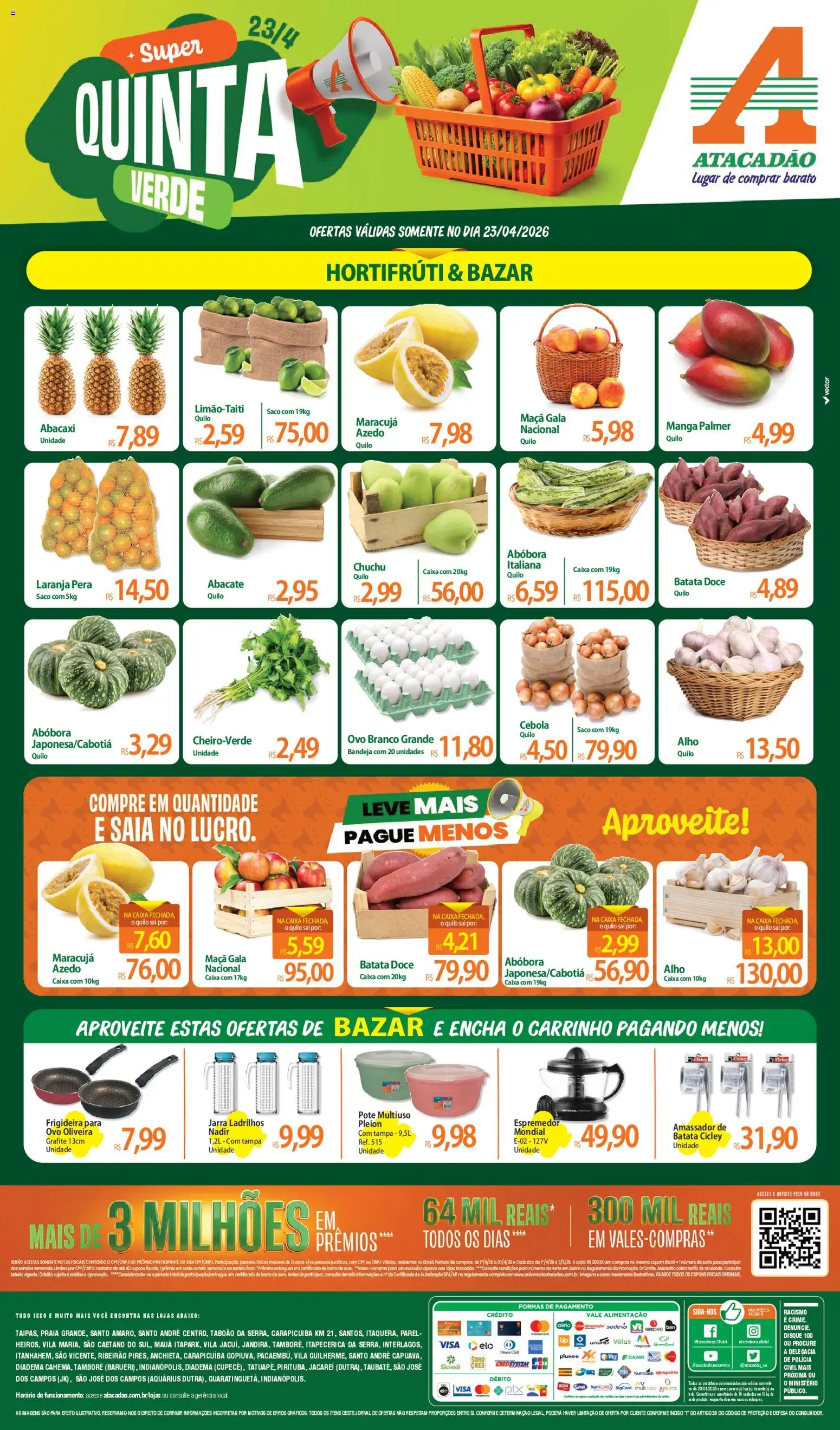 Pré-Visualização do folheto "Atacadão ofertas - SP" da loja Atacadão válido a partir de 23/04/2026 - Manga, Abóbora, Pera, Cebola, Frigideira, Pó, Alho, Espremedor
