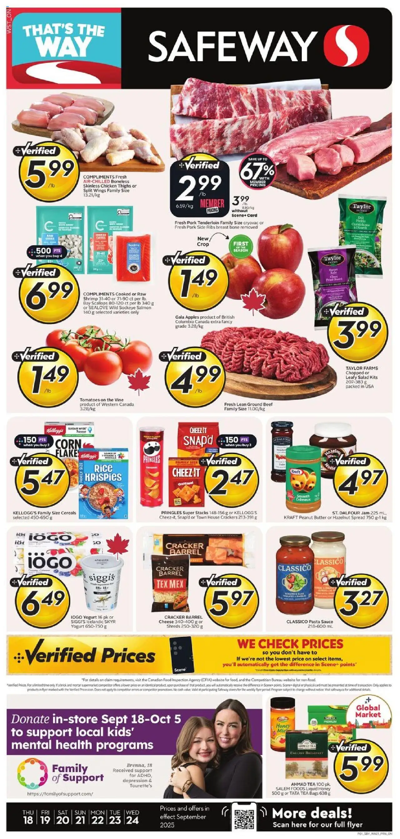 Safeway flyer valid from Sep 18, 2025 - page number 1 - Apples, Tea, Salad, Salmon, Beef, Peanut butter, Jam, Spread