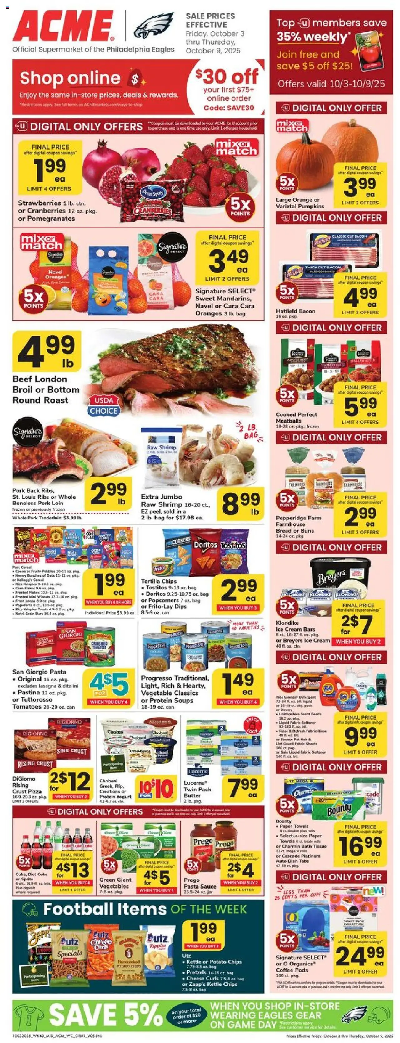 Acme Weekly Ad - NJ from 10/03/2025 - Circular, Flyer - Page number 1 - Oranges, Sprite, Cream, Potato chips, Sauce, Paper towels, Kettle, Detergent