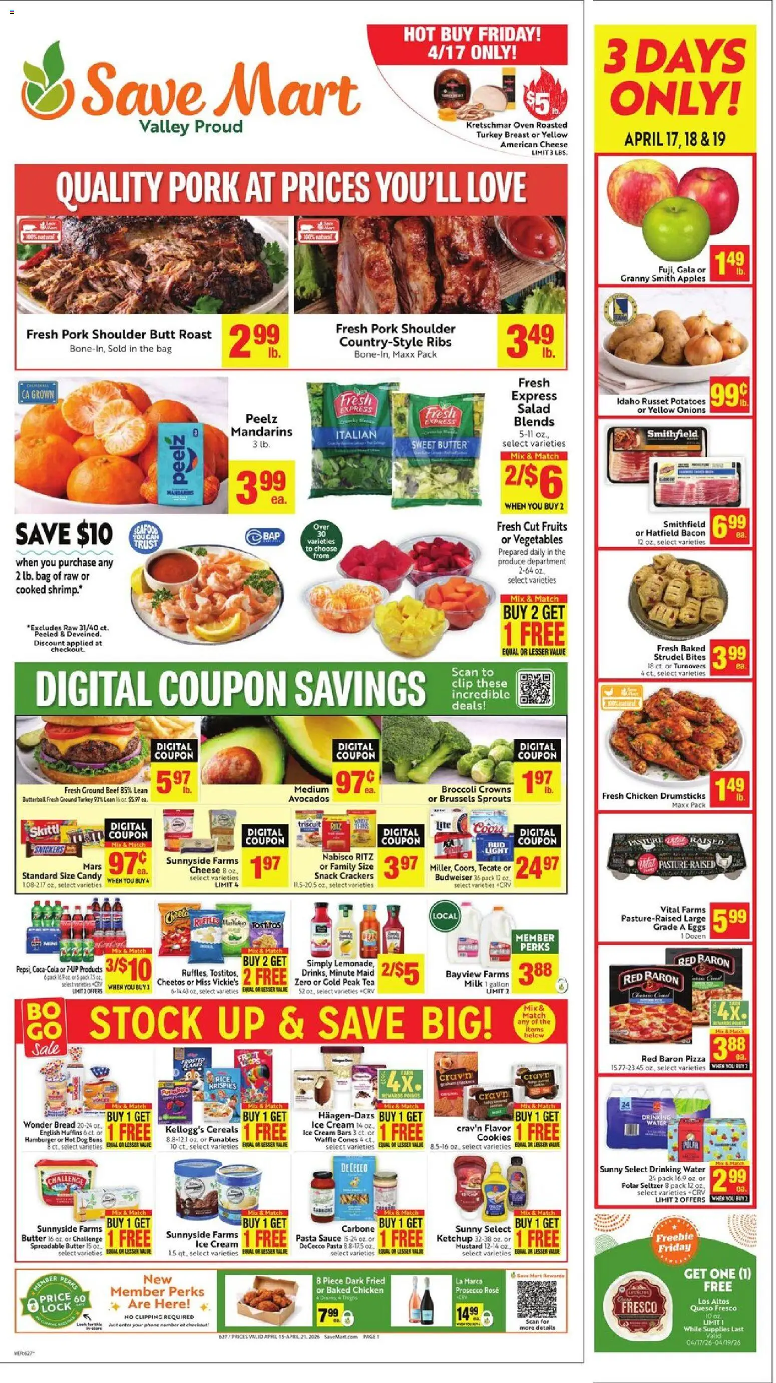 Ad Preview of Save Mart Save Mart Weekly from 04/15/2026 - Candy, Salad, Saw, Potatoes, Crowns, Ground turkey, Chicken drumsticks, Chicken