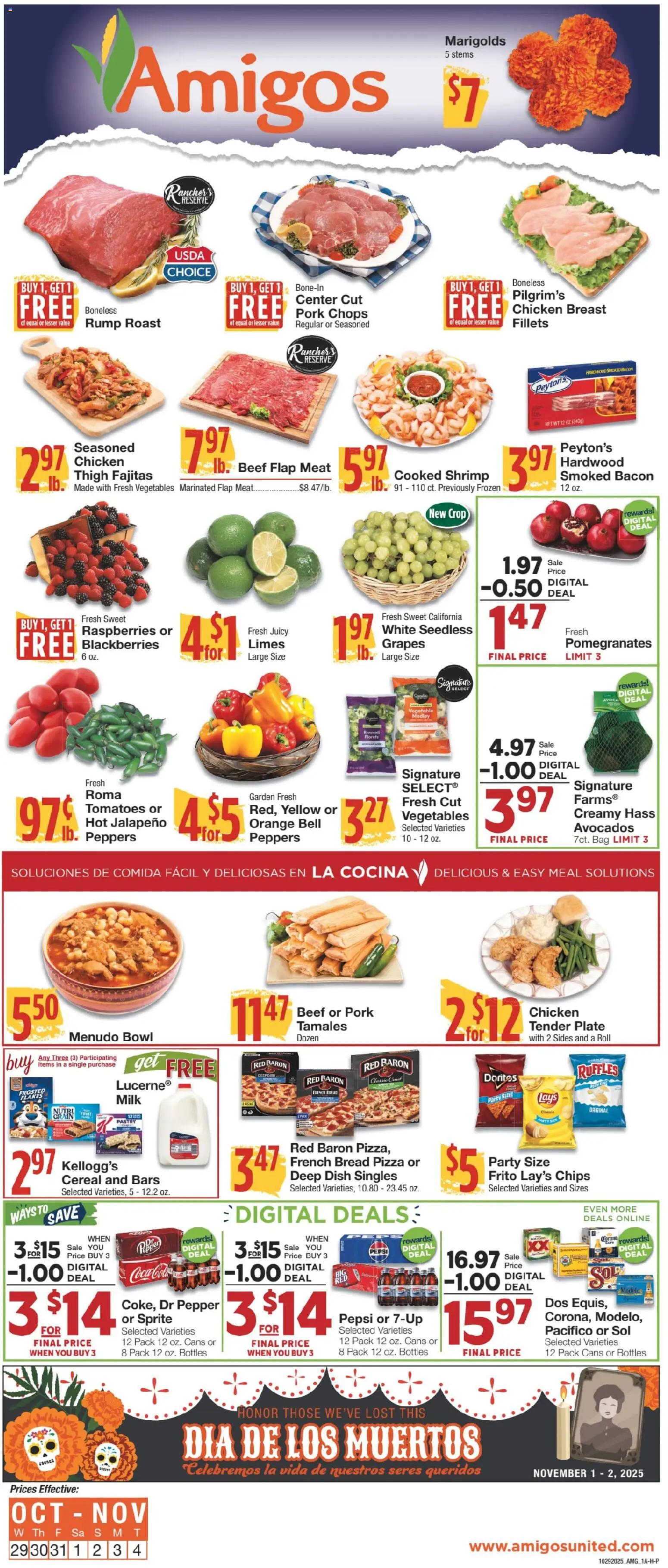 Ad Preview of United Supermarkets Ad from 10/28/2025 - Fruit, Vegetables, Shrimp, Cereal, Raspberries, Peppers, Flakes, Chicken