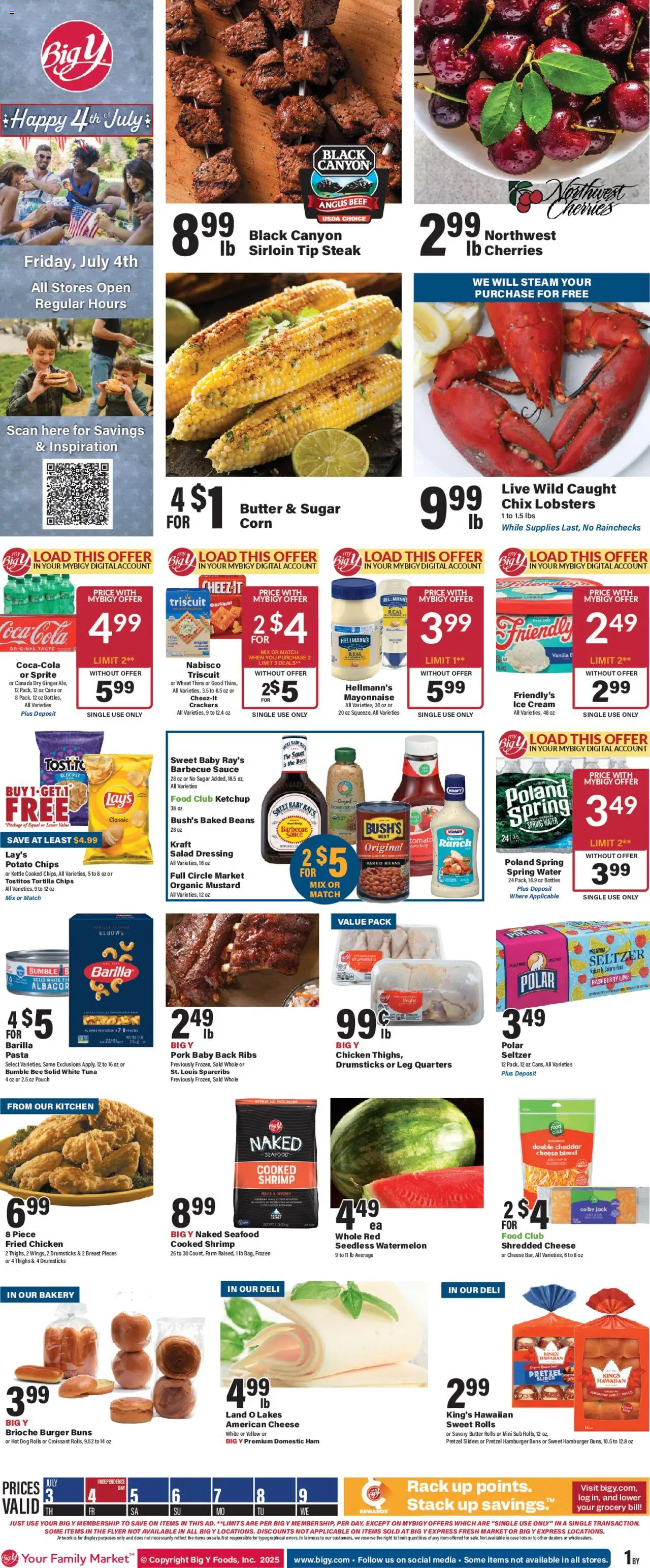 Big Y Weekly Ad from 07/03/2025 - Flyer - Page number 1 - Ice cream, Hamburger, Watermelon, Cherries, Tomato, Corn, Raspberry, Beans
