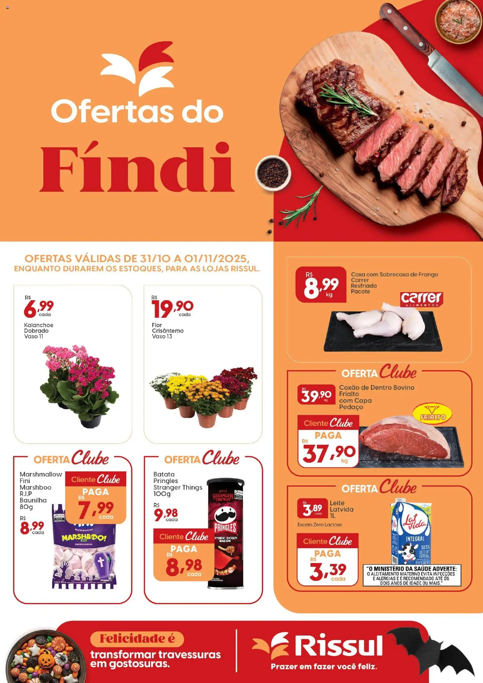 Pré-Visualização do folheto "Ofertas do Fíndi" da loja Rissul válido a partir de 31/10/2025 - Leite, Batata, Frango, Bacon, Baunilha, Alimentos, Vaso, Sobrecoxa de frango