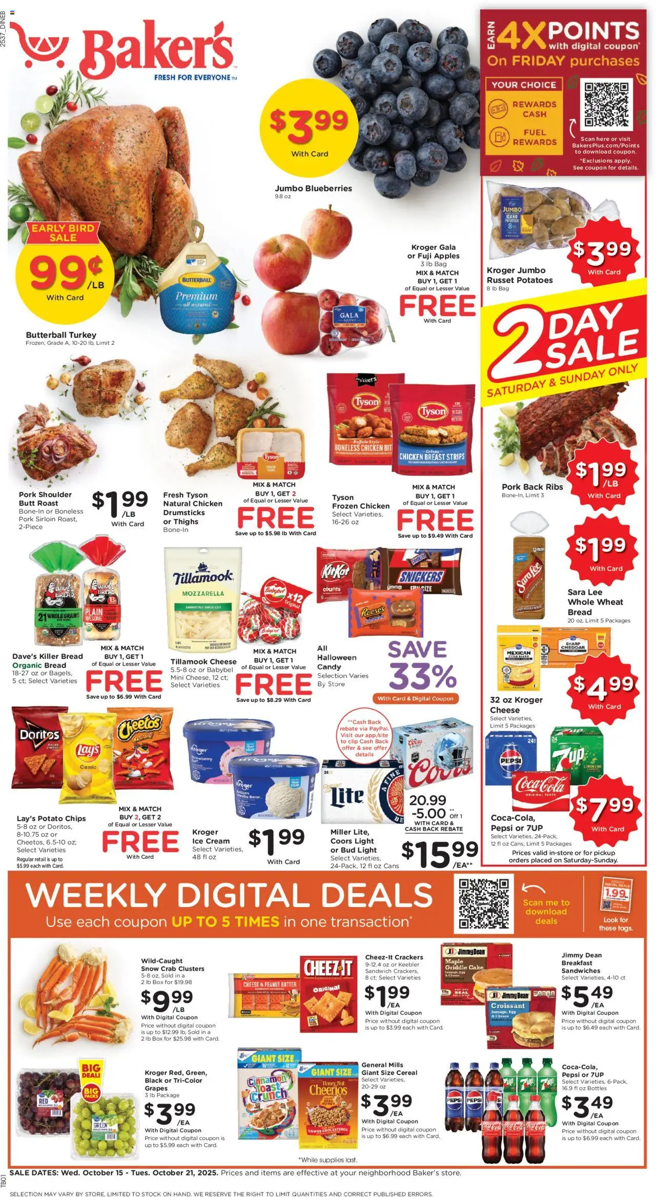 Baker's Weekly Ad from 10/15/2025 - Flyer - Page number 1 - Potatoes, Grapes, Bag, Cream, Snickers, Mozzarella, Grains, Vanilla bean