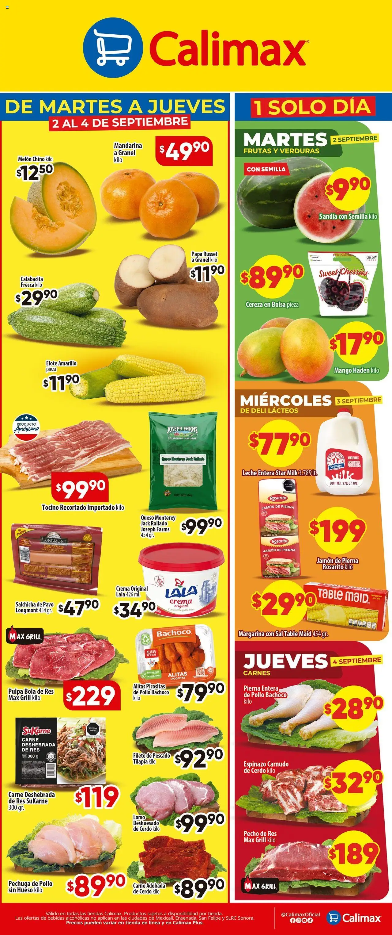Folleto Calimax y sus promociones válidas desde el 02/09/2025 - Número de página 1 - Pollo, Verduras, Sandía, Carne, Salchicha, Res, Calabacita, Salchichas