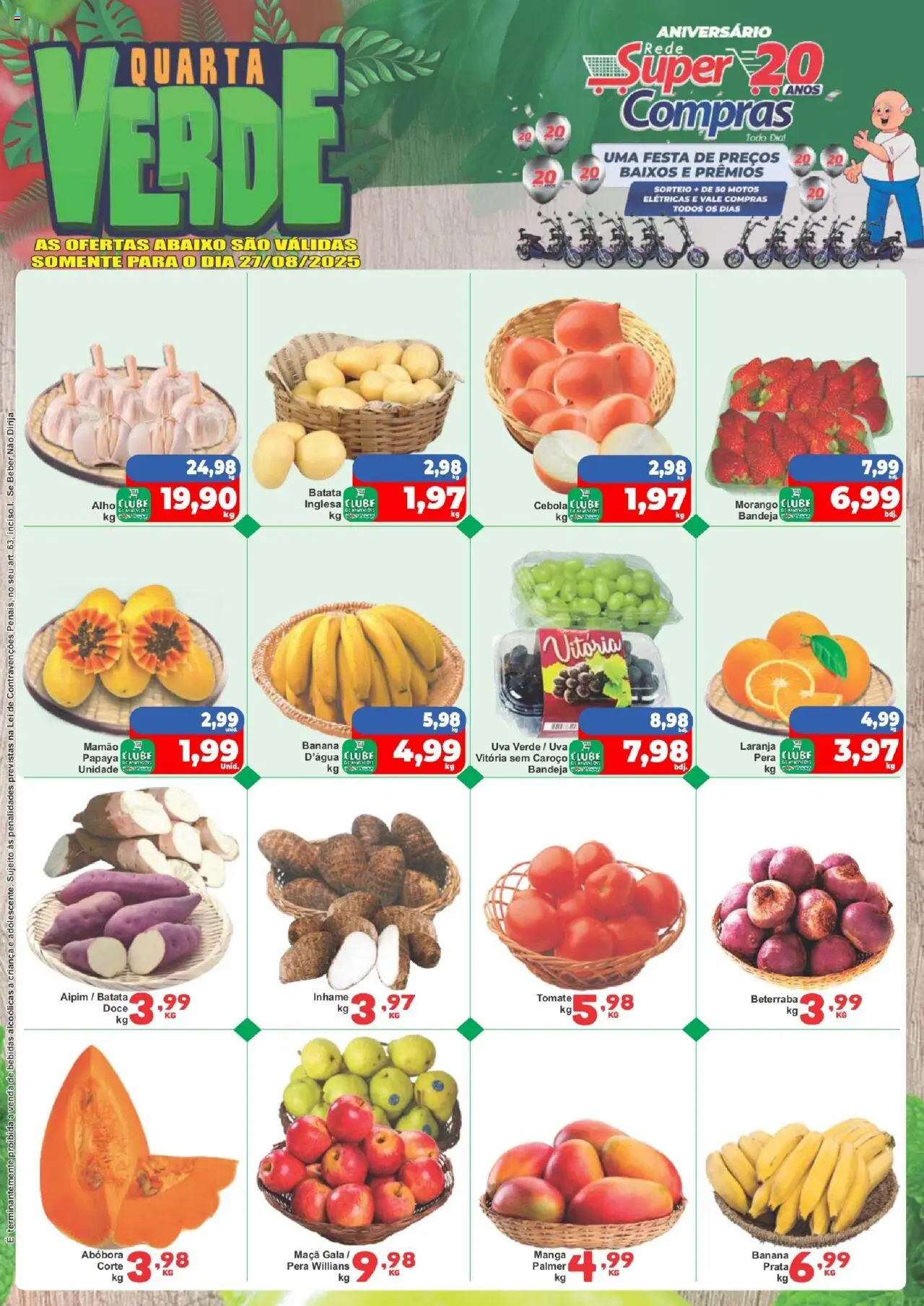 Rede Super Compras folheto "Ofertas do Dia" válido a partir de 27/08/2025 - número de página 1 - Inhame, Uva, Bebidas, Batata, Pera, Aipim, Cebola, Mamão