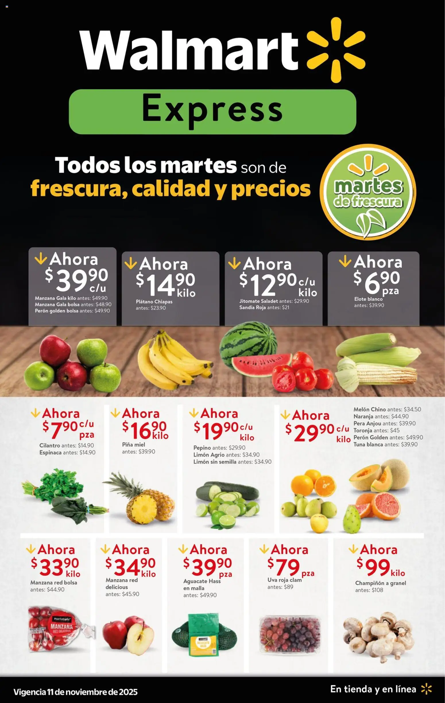 Vista previa las ofertas de la tienda Walmart Express - Folleto Carnes, frutas y verduras frescas desde el 11/11/2025 