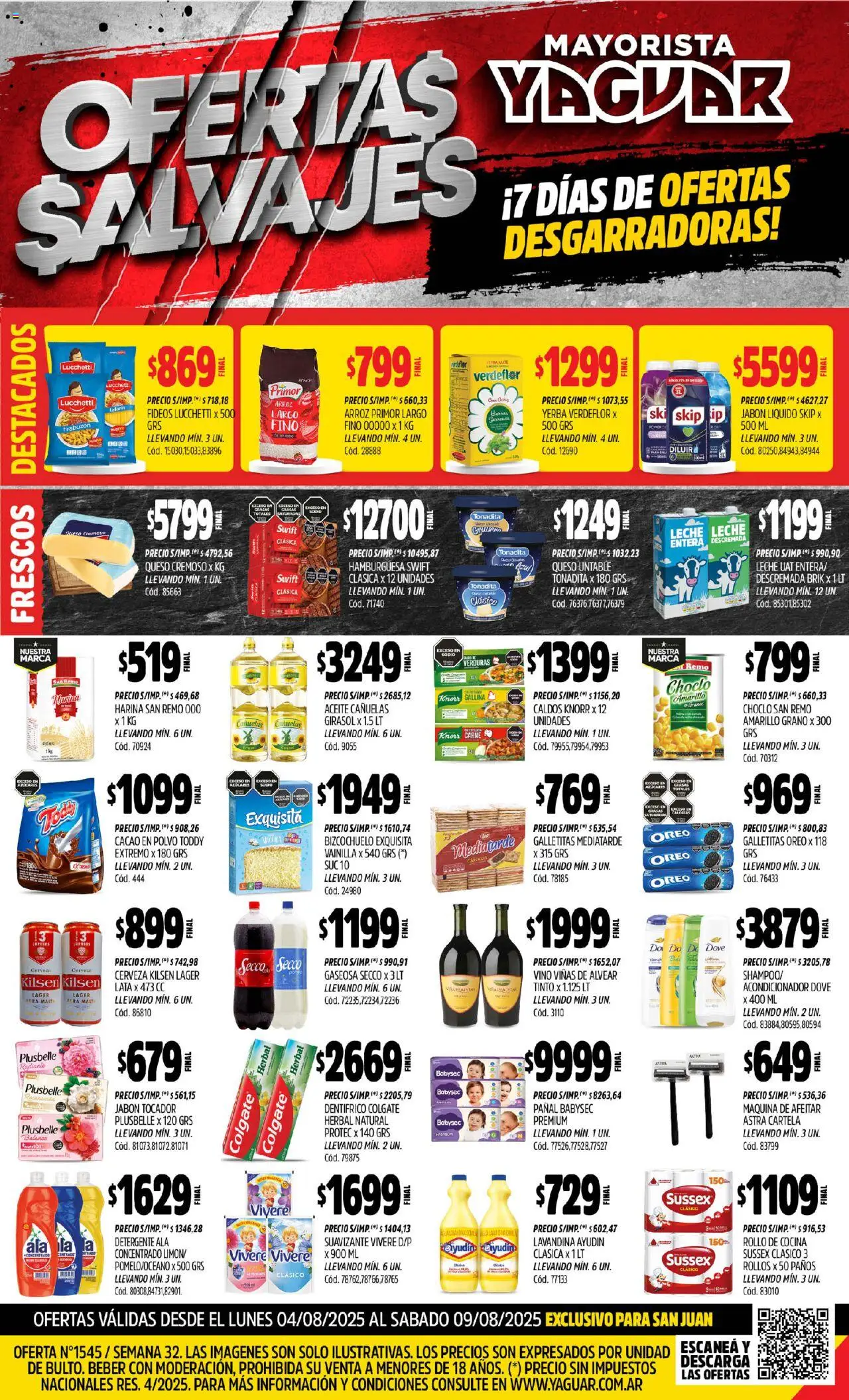 Yaguar San Juan del 04/08/2025 Online - Cerveza, Galletitas, Harina, Maquina de afeitar, Choclo, Cacao, Jabón líquido, Detergente