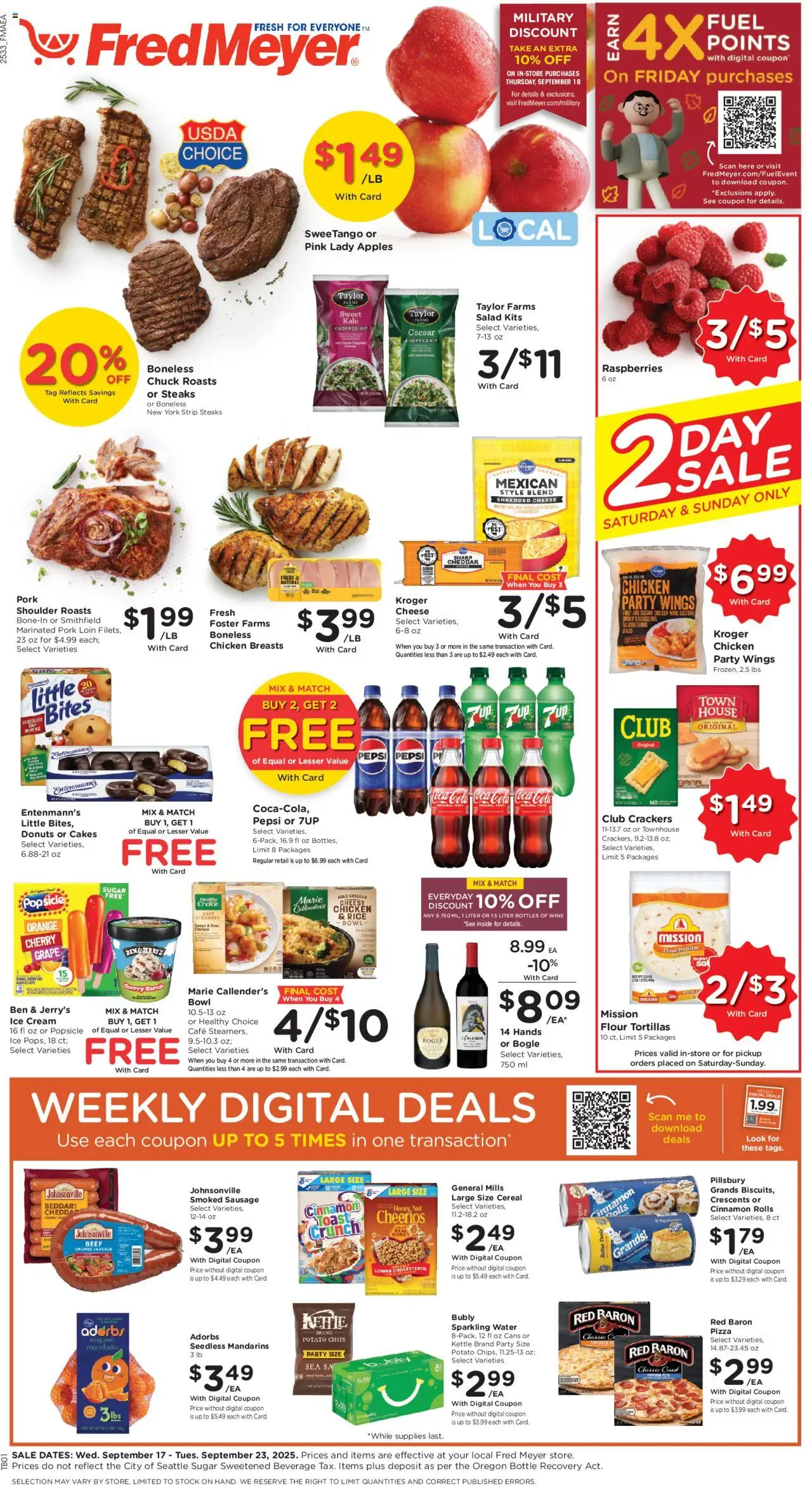 Fred Meyer Weekly Ad from 09/17/2025 - Flyer - Page number 1 - Water, Chips, Rice, Raspberries, Kale, Beef, Potato chips, Kettle