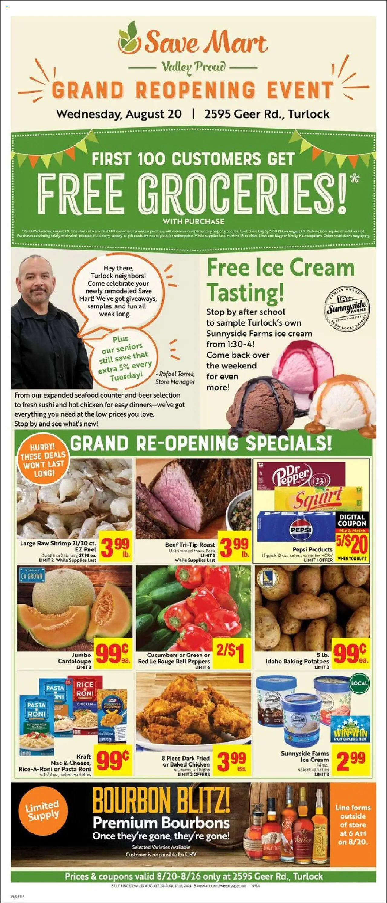 Save Mart Grand Opening from 08/20/2025 - Flyer - Page number 1 - Sushi, Beer, Potatoes, Bourbon, Pepsi, Peppers, Cream, Chicken