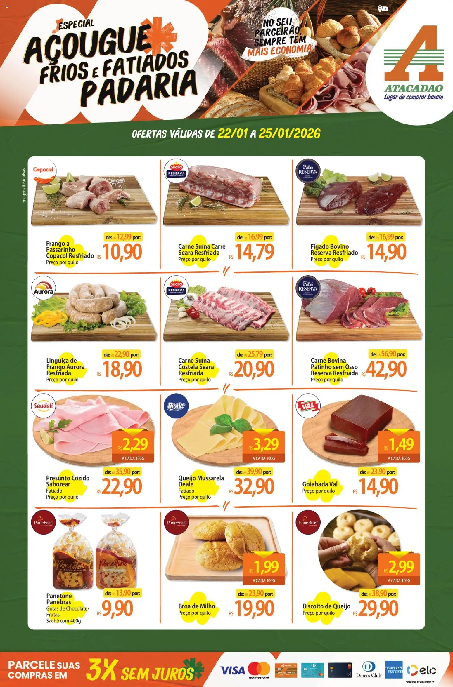 Pré-Visualização do folheto "Ofertas - DF" da loja Atacadão válido a partir de 22/01/2026 - Biscoito, Queijo, Carne, Frango, Fígado, Linguiça, Presunto, Panettone