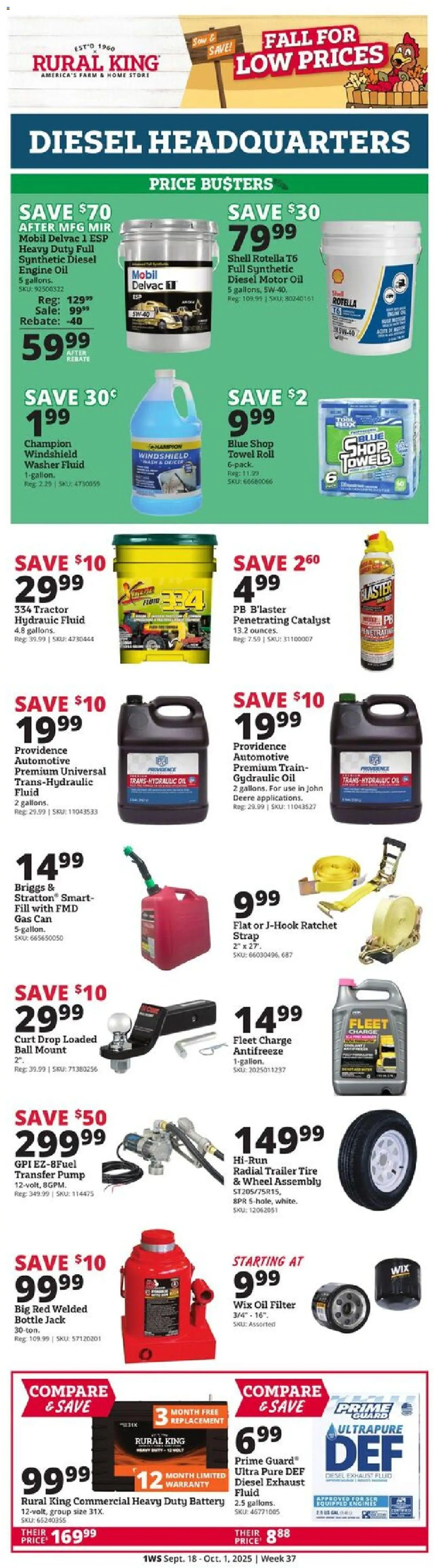 Ad Preview of Rural King Weekly Ad from 09/18/2025 - Tire, Battery, Oil, Antifreeze, Pump, Windshield, Oil filter, Motor Oil