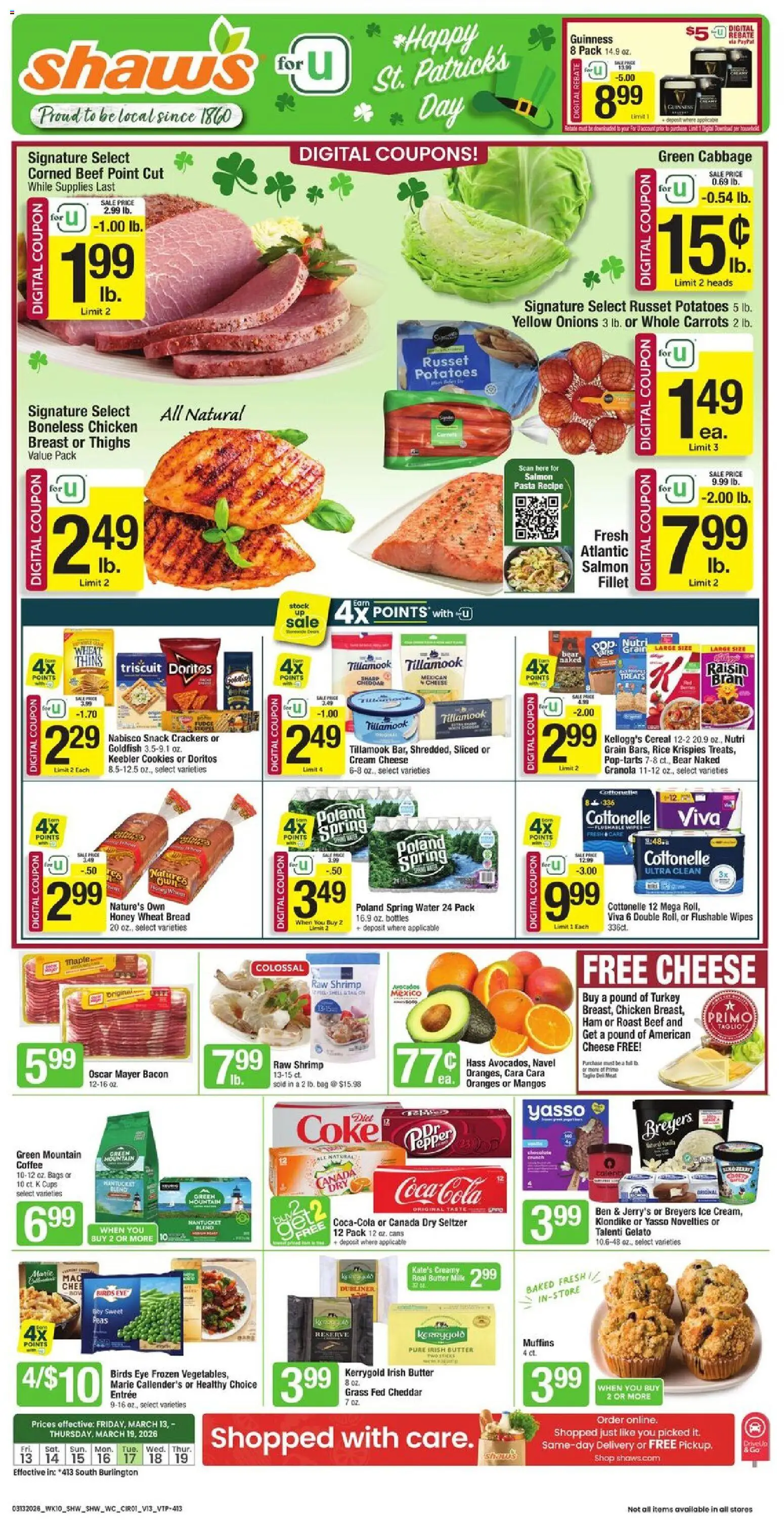 Ad Preview of Shaw's Shaw's Weekly Ad - VT from 03/13/2026 - Pasta, Cheese, Potatoes, Bacon, Beef, Bag, Muffins, Spring water