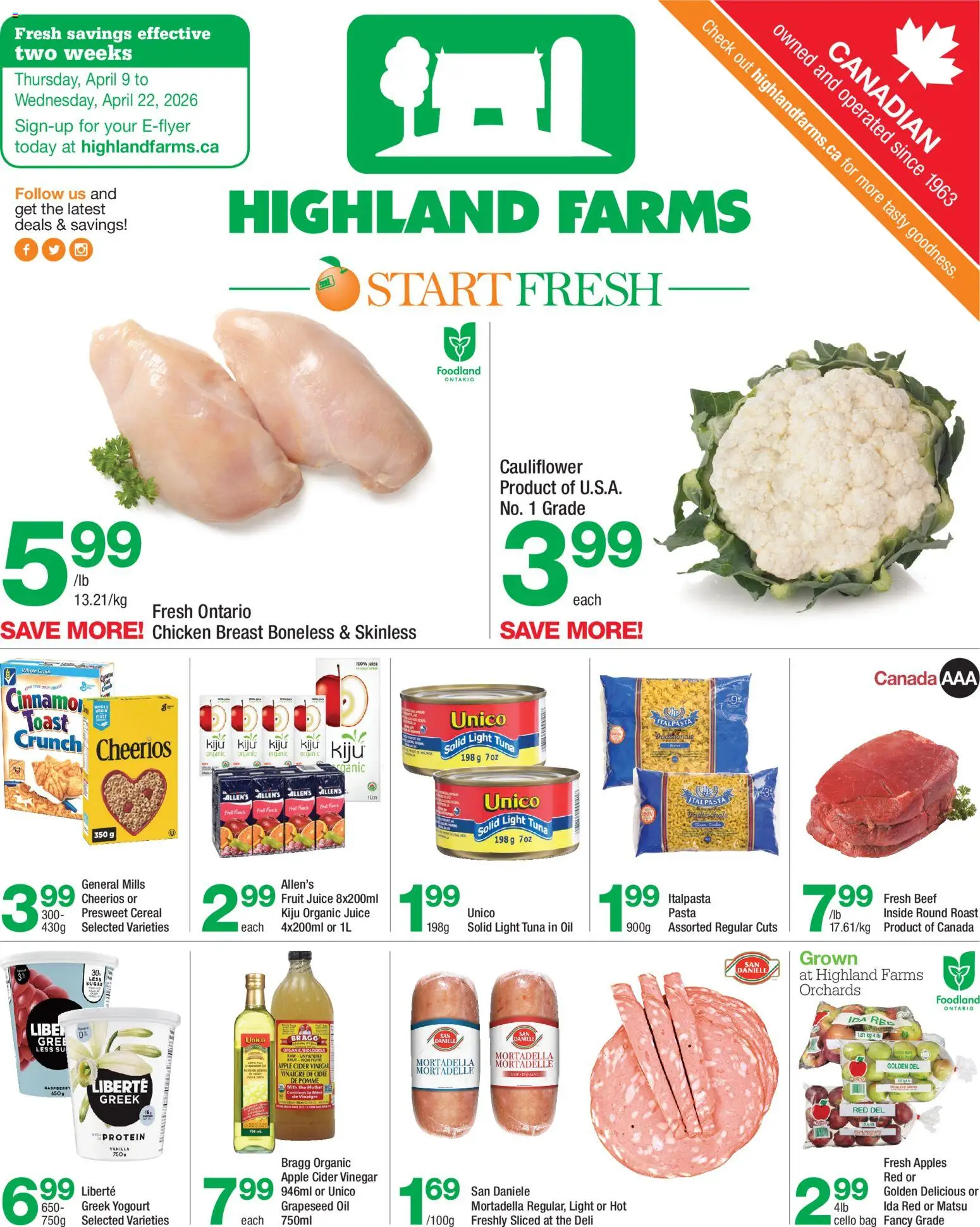 Preview of leaflet Highland Farms weekly flyer / circulaire from shop Highland Farms is valid from Apr 09, 2026 - Apples, Chicken, Oil, Protein, Beef, Mortadella, Tuna, Vanilla