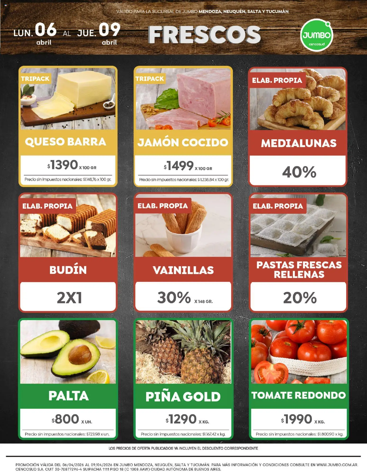 Vista previa del folleto de la tienda Jumbo válido desde el 06/04/2026 - Queso, Budín, Tomate, Palta, Piña, Jamón cocido, Jamón