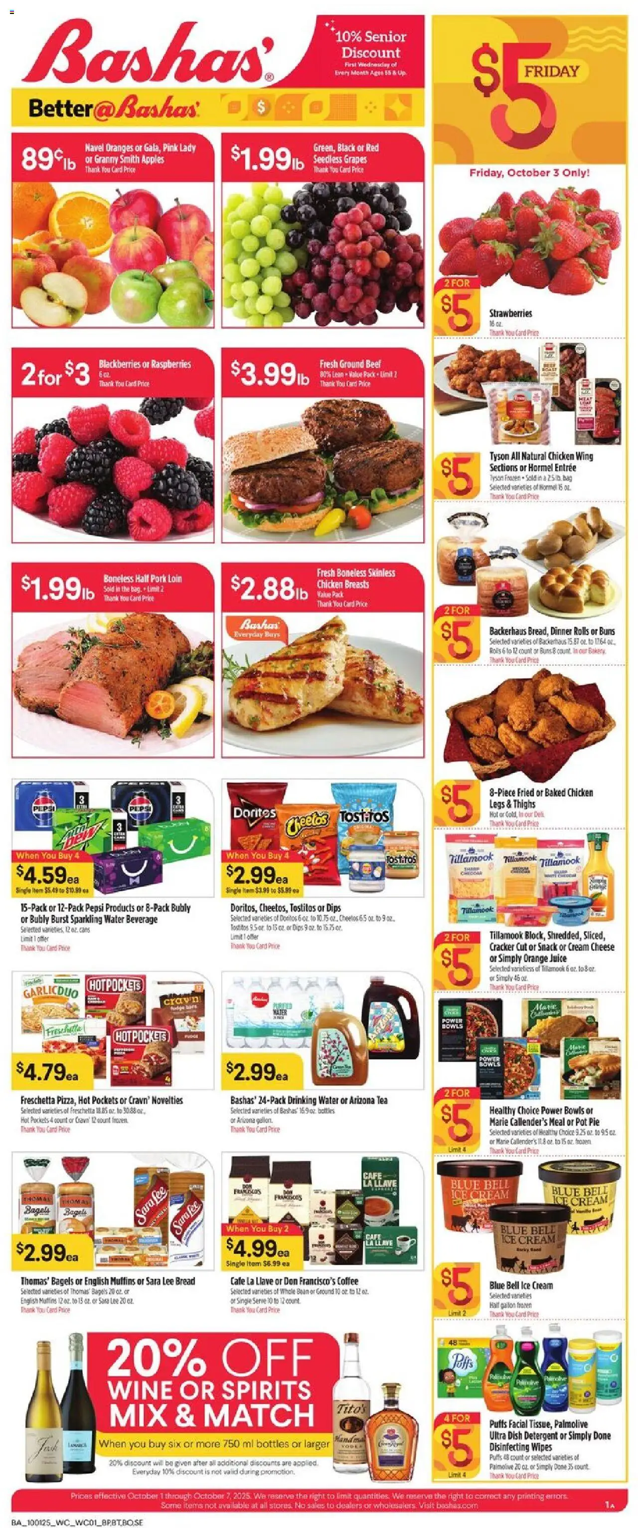 Basha's Weekly Ad from 10/01/2025 - Flyer - Page number 1 - Apples, Bread, Juice, Ground beef, Bag, Pork, Seedless grapes, Chicken