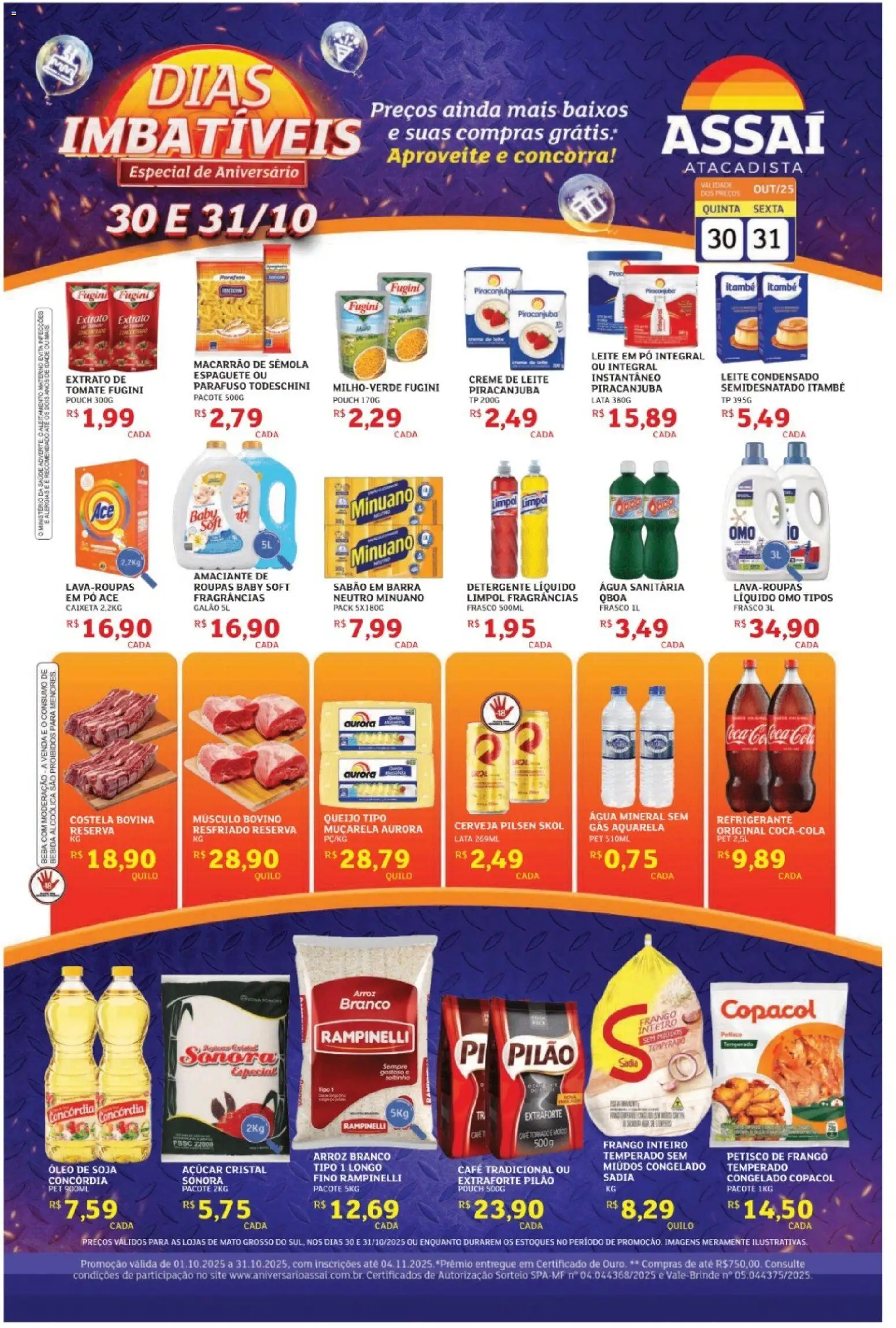 Pré-Visualização do folheto "Encarte - MS" da loja Assaí Atacadista válido a partir de 30/10/2025 - Macarrão, Frango, Açúcar, Creme de leite, Amaciante, Espaguete, Sabão, Frango inteiro