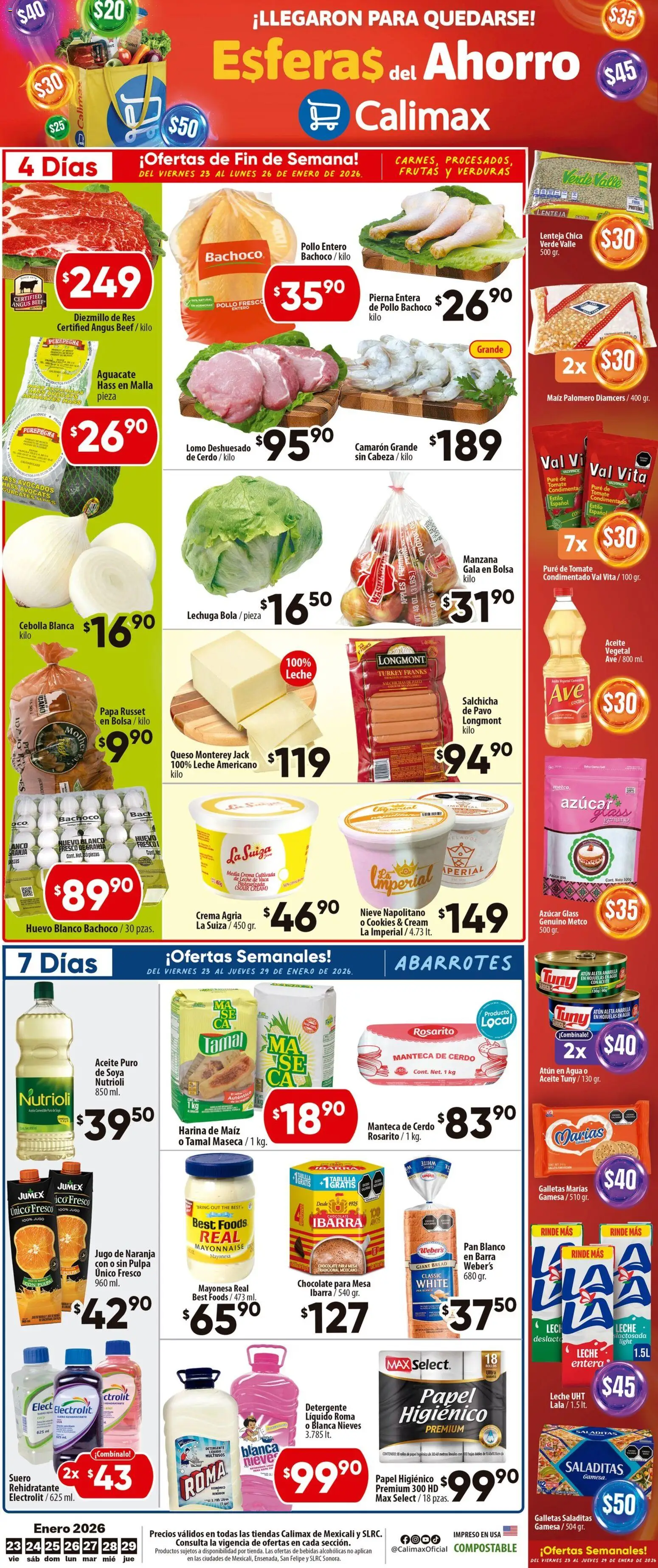 Vista previa las ofertas de la tienda Calimax - Folleto Mexicali y SLRC desde el 23/01/2026 - Manzana, Verduras, Aguacate, Huevo, Crema, Papel higiénico, Harina, Jugo de naranja