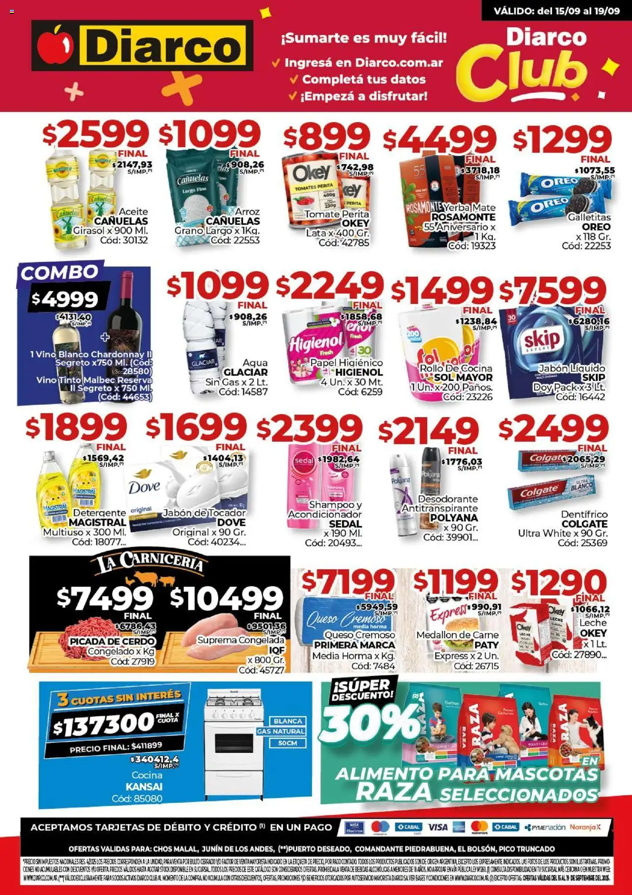 Diarco Ofertas Pueblo Sur del 15/09/2025 Online - Agua, Vino, Tomates, Galletitas, Leche, Papel higiénico, Pico, Acondicionador