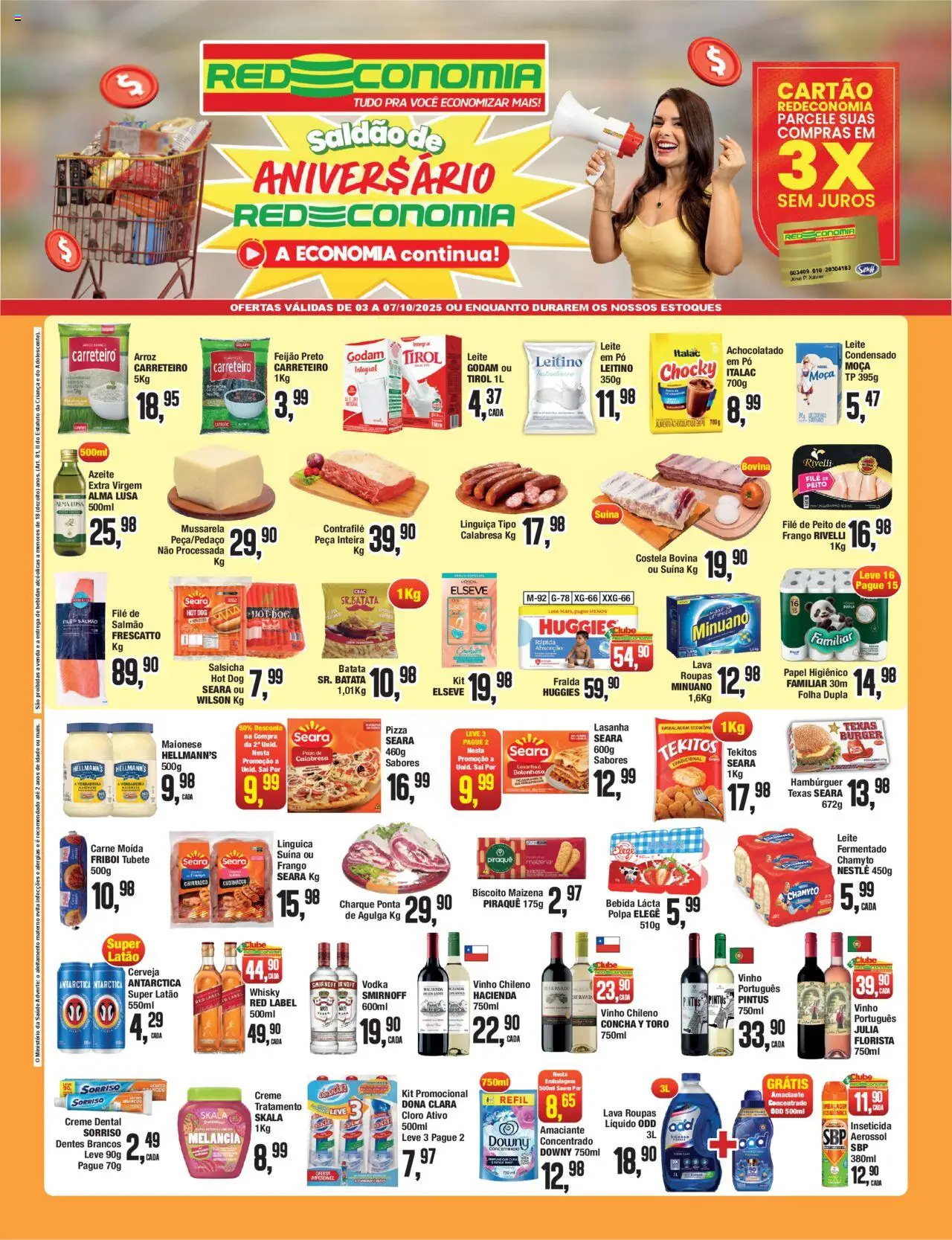 RedEconomia folheto "Encarte" válido a partir de 03/10/2025 - número de página 1 - Whisky, Lasanha, Leite, Carne, Azeite, Creme, Pó, Linguiça
