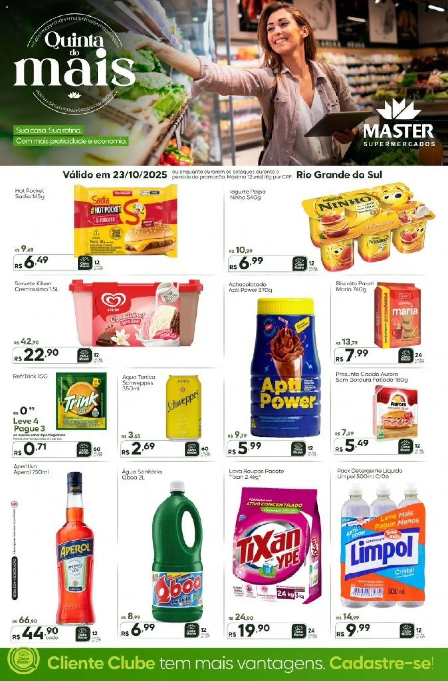 Master folheto "Ofertas do Dia - RS" válido a partir de 23/10/2025 - número de página 1 - Sorvete, Água, Roupas, Aperol, Detergente, Presunto, Achocolatado, Tônica Schweppes