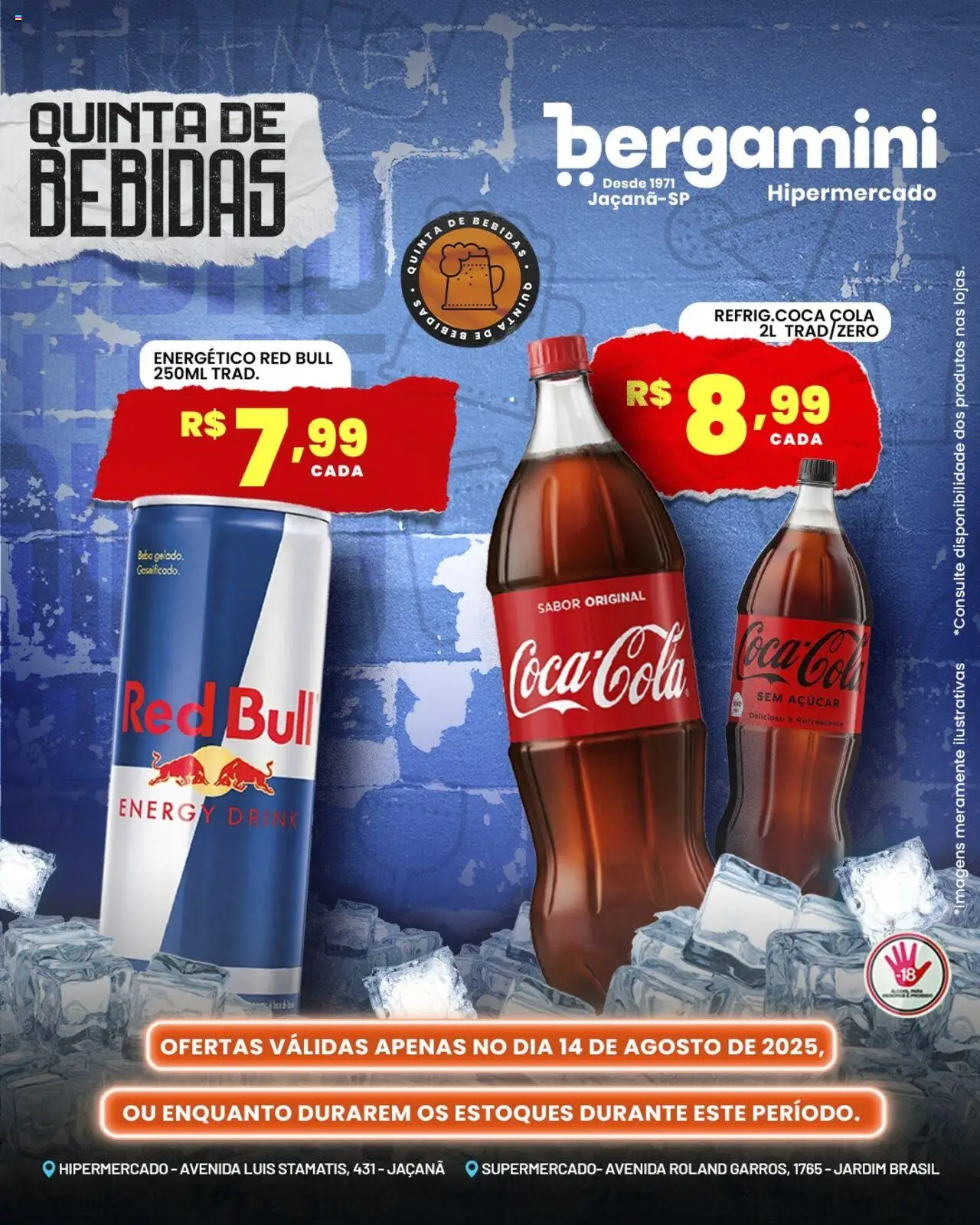 Supermercado Bergamini folheto "Ofertas Bebidas" válido a partir de 14/08/2025 - número de página 1 - Bebidas, Açúcar, Energético, Cola, Energético Red Bull