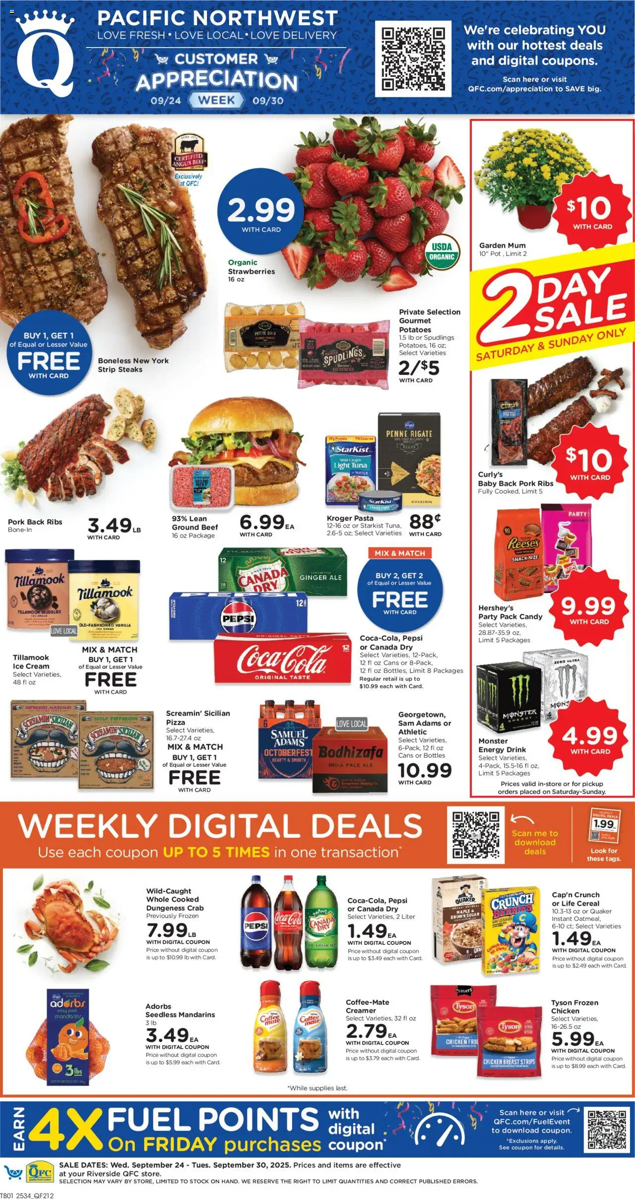 QFC Weekly Ad - WA from 09/24/2025 - Flyer - Page number 1 - Pizza, Pasta, Water, Ginger, Tuna, Beef, Pork, Vanilla