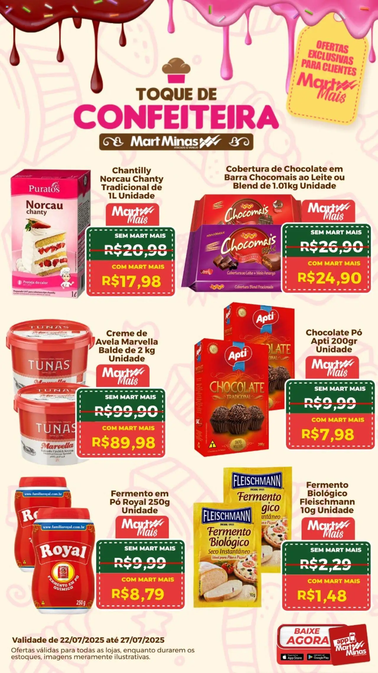 Mart Minas folheto "Ofertas de confeitaria" válido a partir de 22/07/2025 - número de página 1 - Pizza, Chocolate, Leite, Pó, Fermento biológico, Balde, Avelã, Creme de chocolate