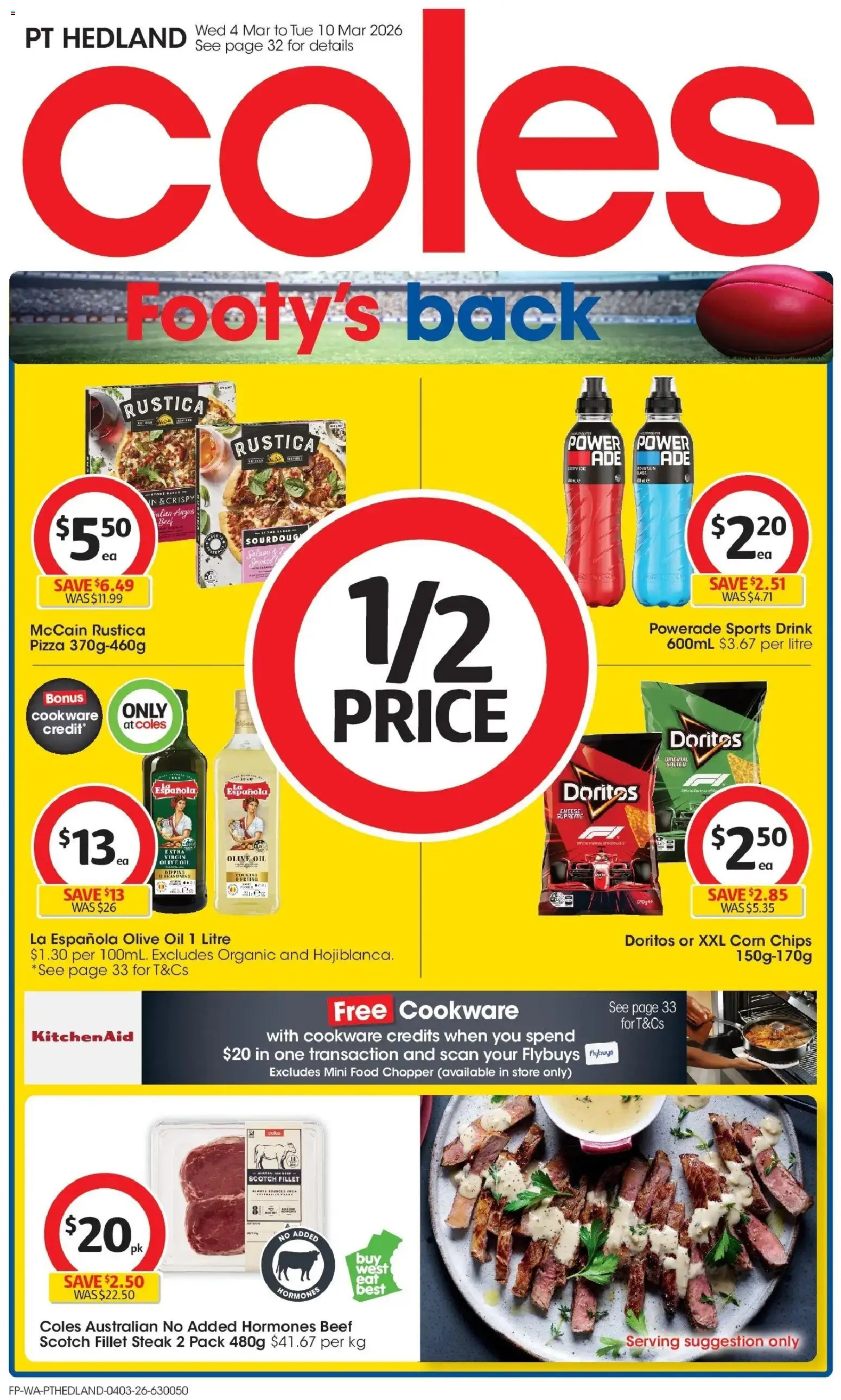 Preview of catalogue Coles catalogue PT Hedland from shop Coles valid 04/03/2026 - Food, Salami, Beef, Cookware, Chips, Olive oil, Sports drink, Extra virgin olive oil