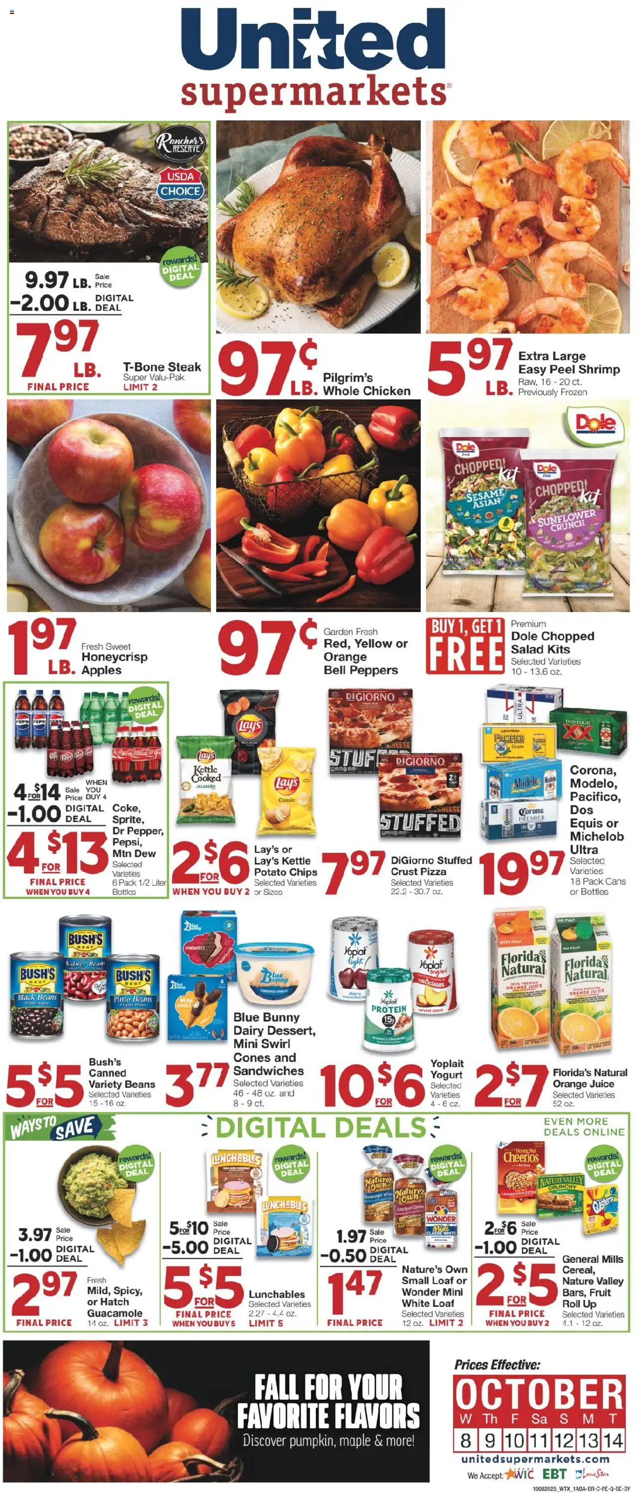 Ad Preview of United Supermarkets Weekly Ad from 10/07/2025 - Steak, Salad, Fruit, Shrimp, Pepsi, Guacamole, Kettle, Sesame