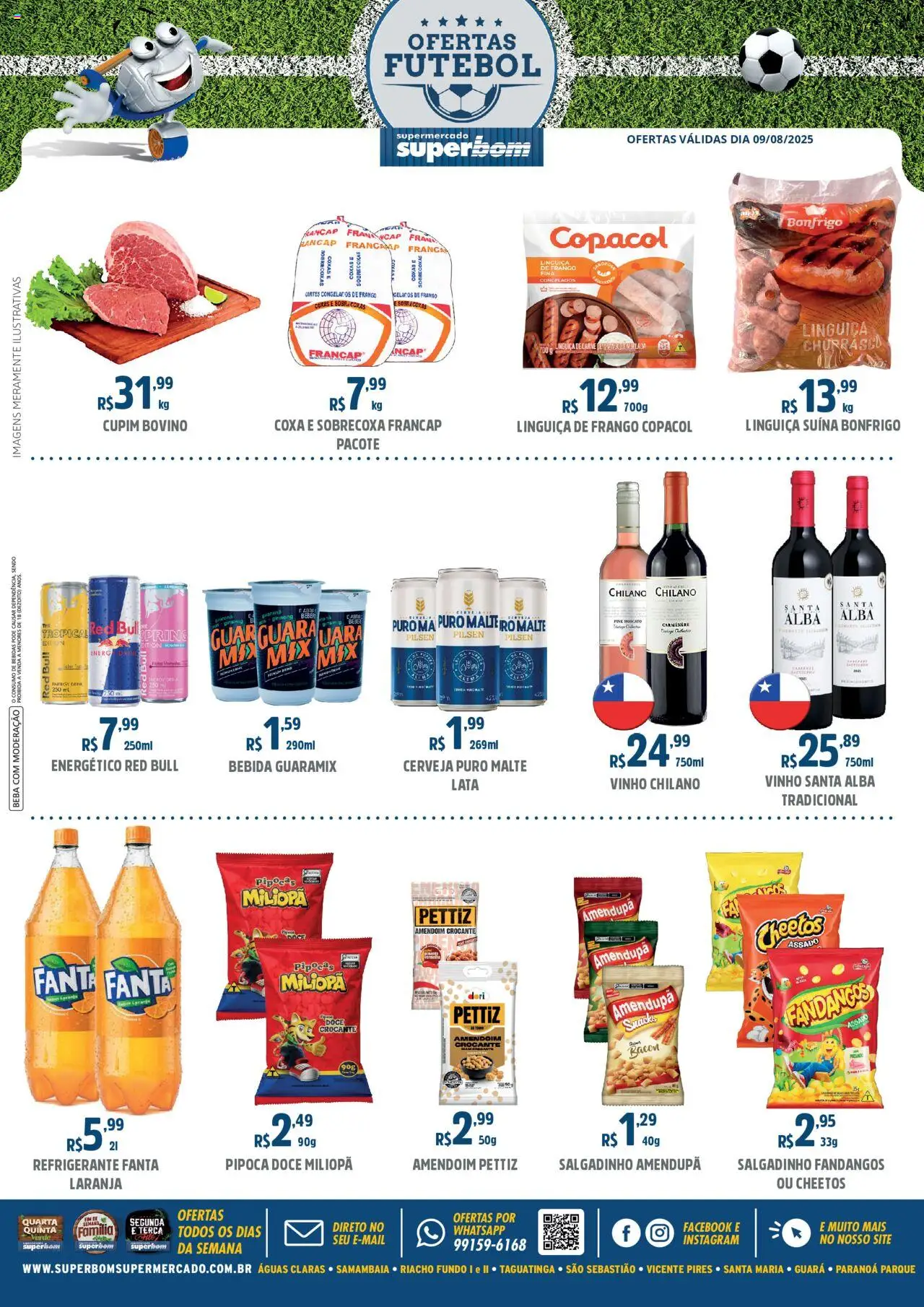 Superbom folheto "Ofertas Futebol" válido a partir de 09/08/2025 - número de página 1 - Vinho, Bebidas, Bebida, Pipoca, Carne, Frango, Refrigerante, Energético