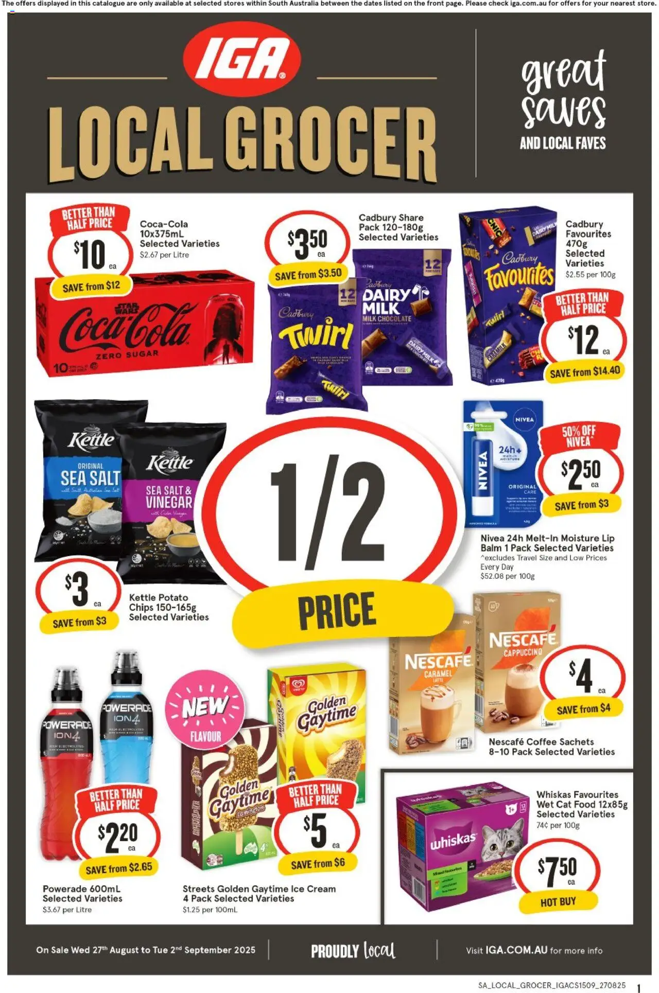 IGA catalogue valid from 27/08/2025 - page 1 - Food, Chips, Sachets, Cream, Ice cream, Salt, Sugar, Nescafe