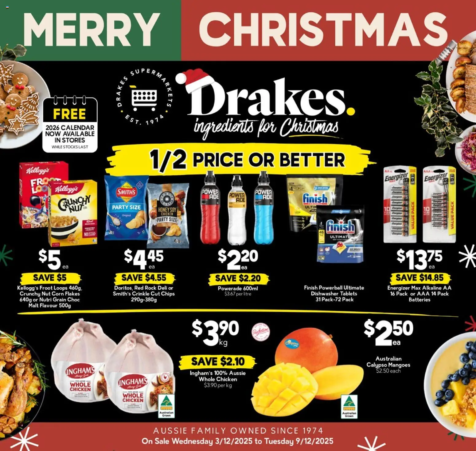 Preview of catalogue Catalogue QLD from shop Drakes valid 03/12/2025 - Ingredients, Corn flakes, Honey, Chicken, Dishwasher tablets, Flakes, Batteries, Tablets