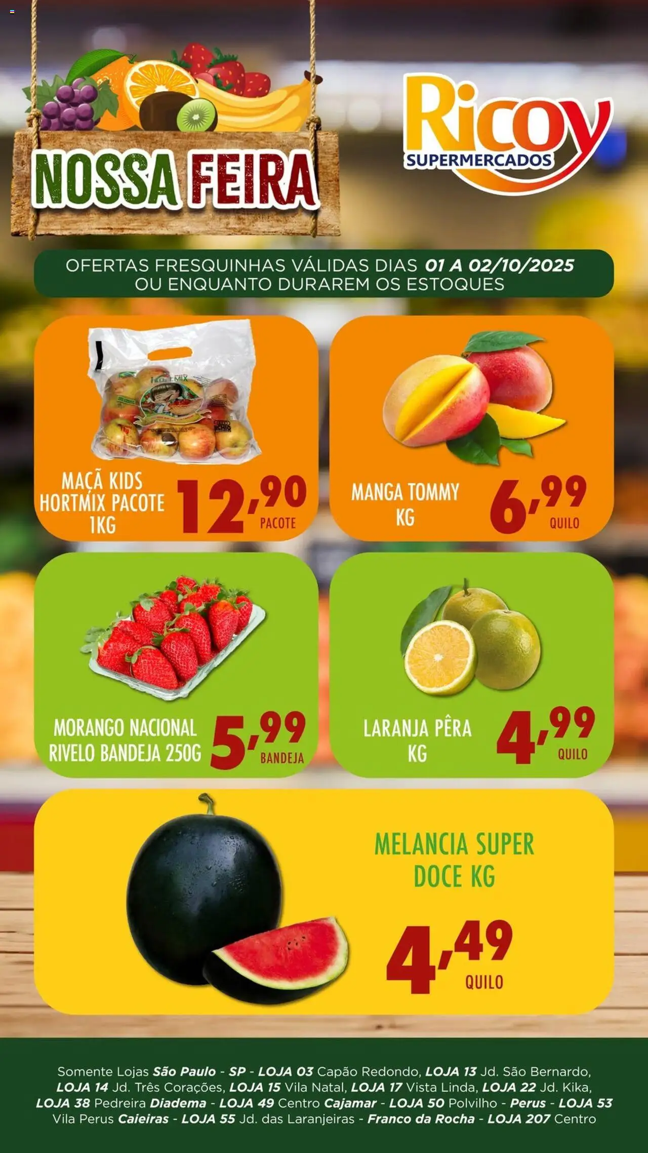 Ricoy folheto "Ofertas Feira" válido a partir de 01/10/2025 - número de página 1 - Manga, Melancia, Doce, Pera, Polvilho, Bandeja
