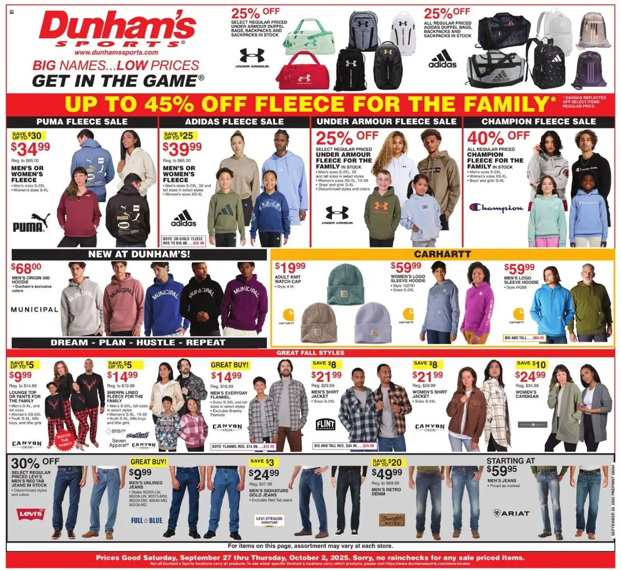 Dunham's Sports Weekly Ad from 09/27/2025 - Flyer - Page number 1 - Hoodie, Watch, Jeans, Cap, Cardigan, Shirt, Jacket, Pants