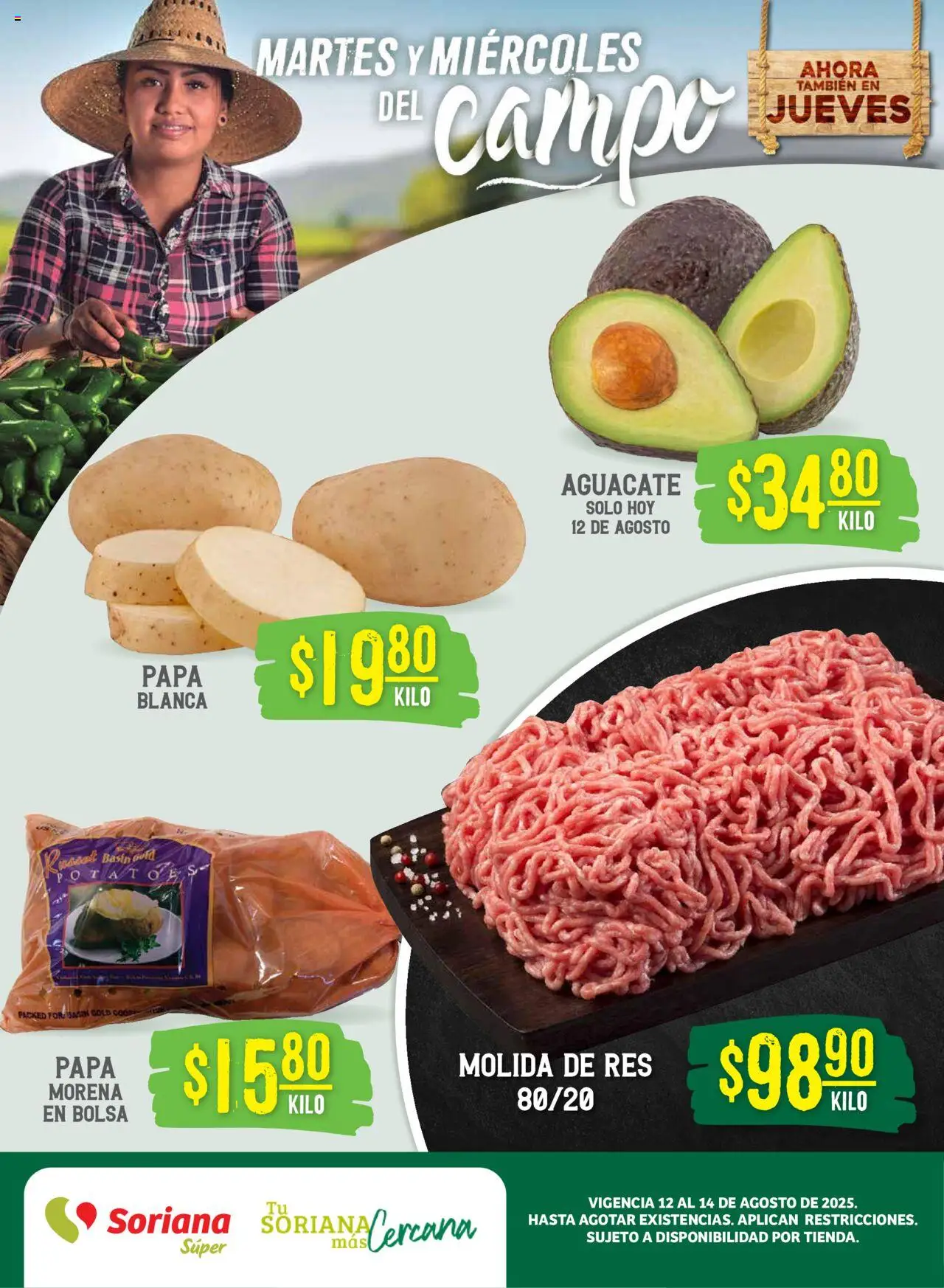 Martes y Miércoles del Campo Súper: Chih, Delicias, Dur y Coah JJ(excepto Saltillo) Soriana y sus promociones válidas desde el 12/08/2025 - Número de página 1 - Papa, Bolsa, Aguacate, Res