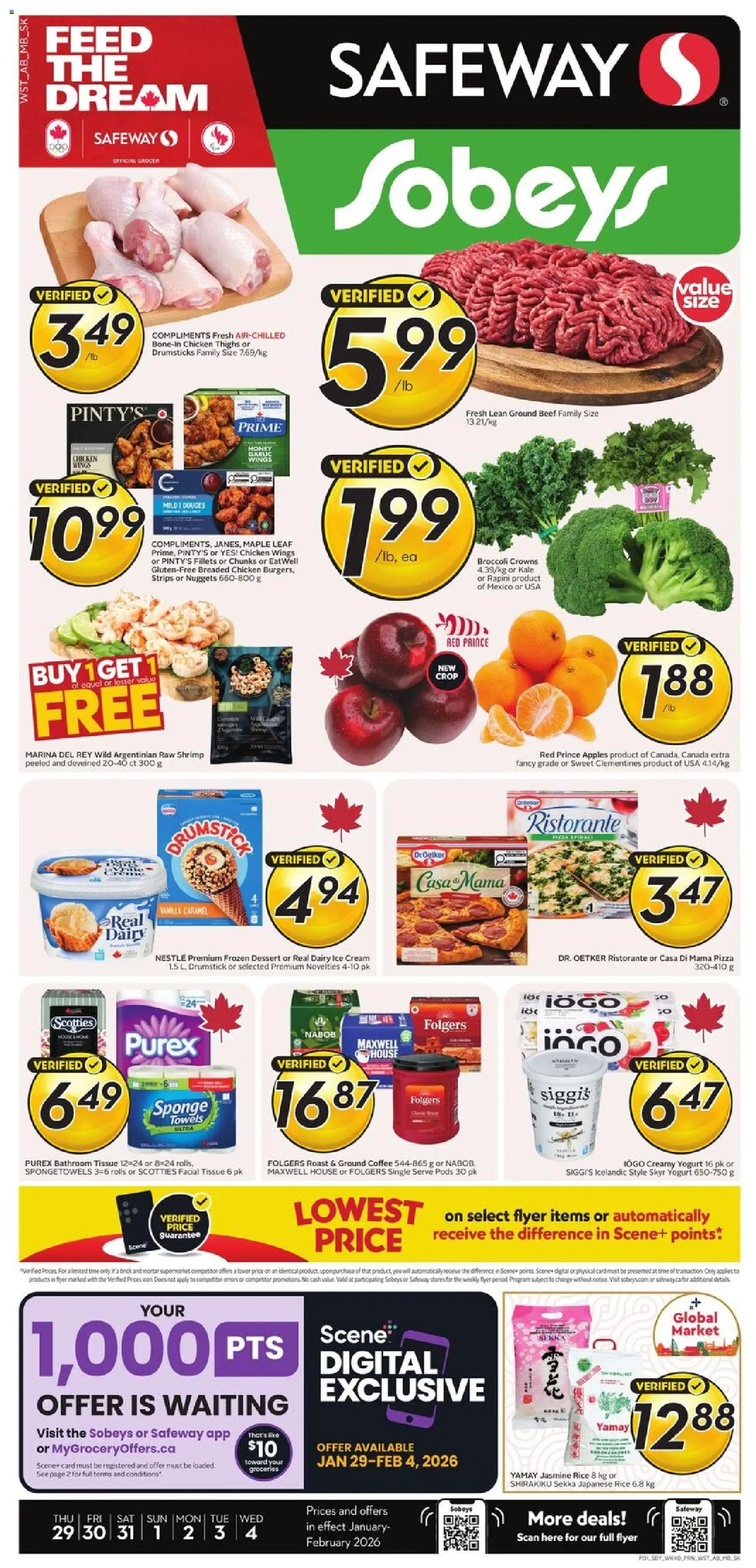 Preview of leaflet Weekly Flyer - MB from shop Safeway is valid from Jan 29, 2026 - Coffee, Apples, Ice cream, Honey, Ice, Broccoli, Cream, Towels